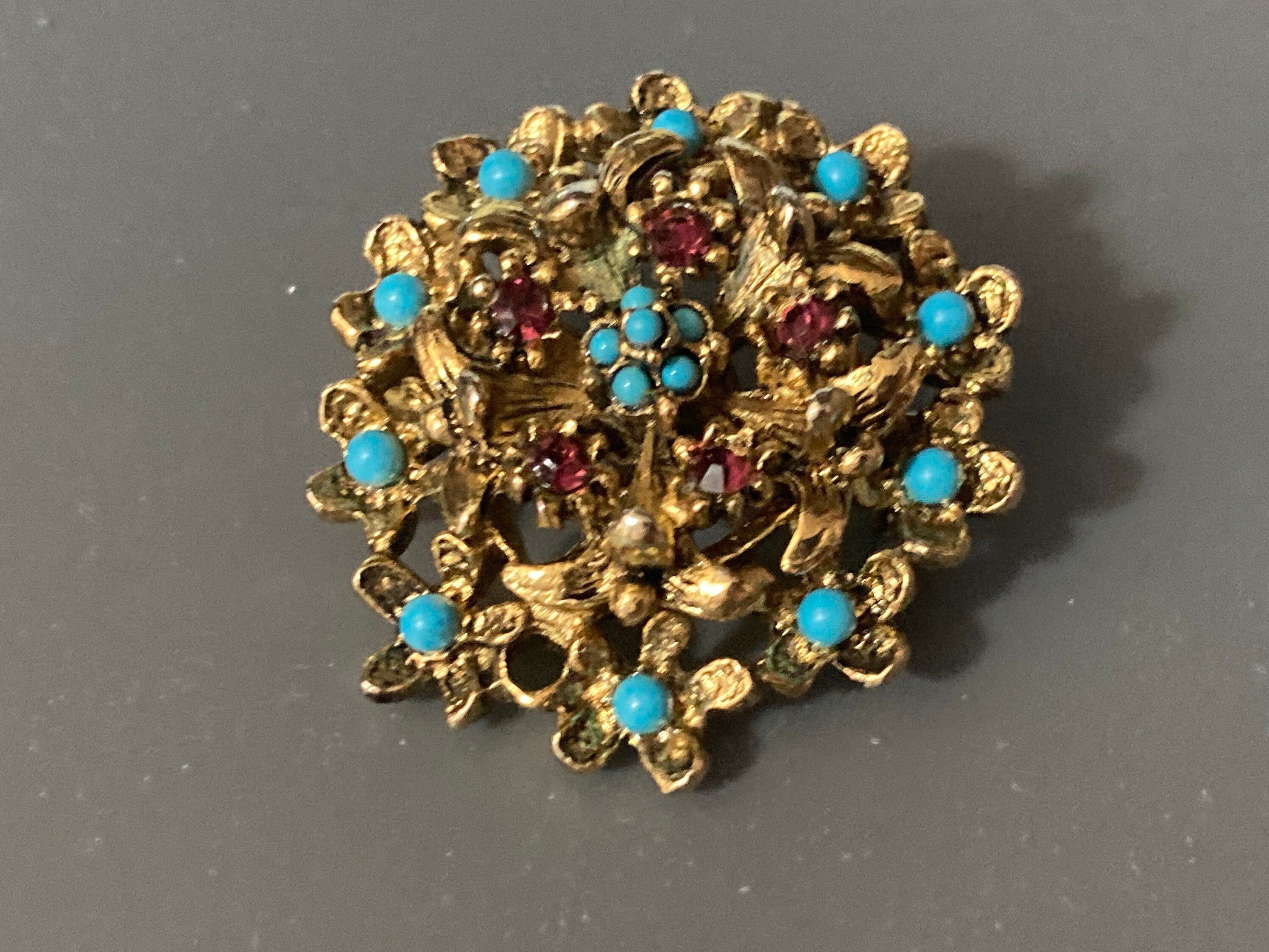 vintage gold tone mesh turquoise bead & garnet Ruby red paste brooch