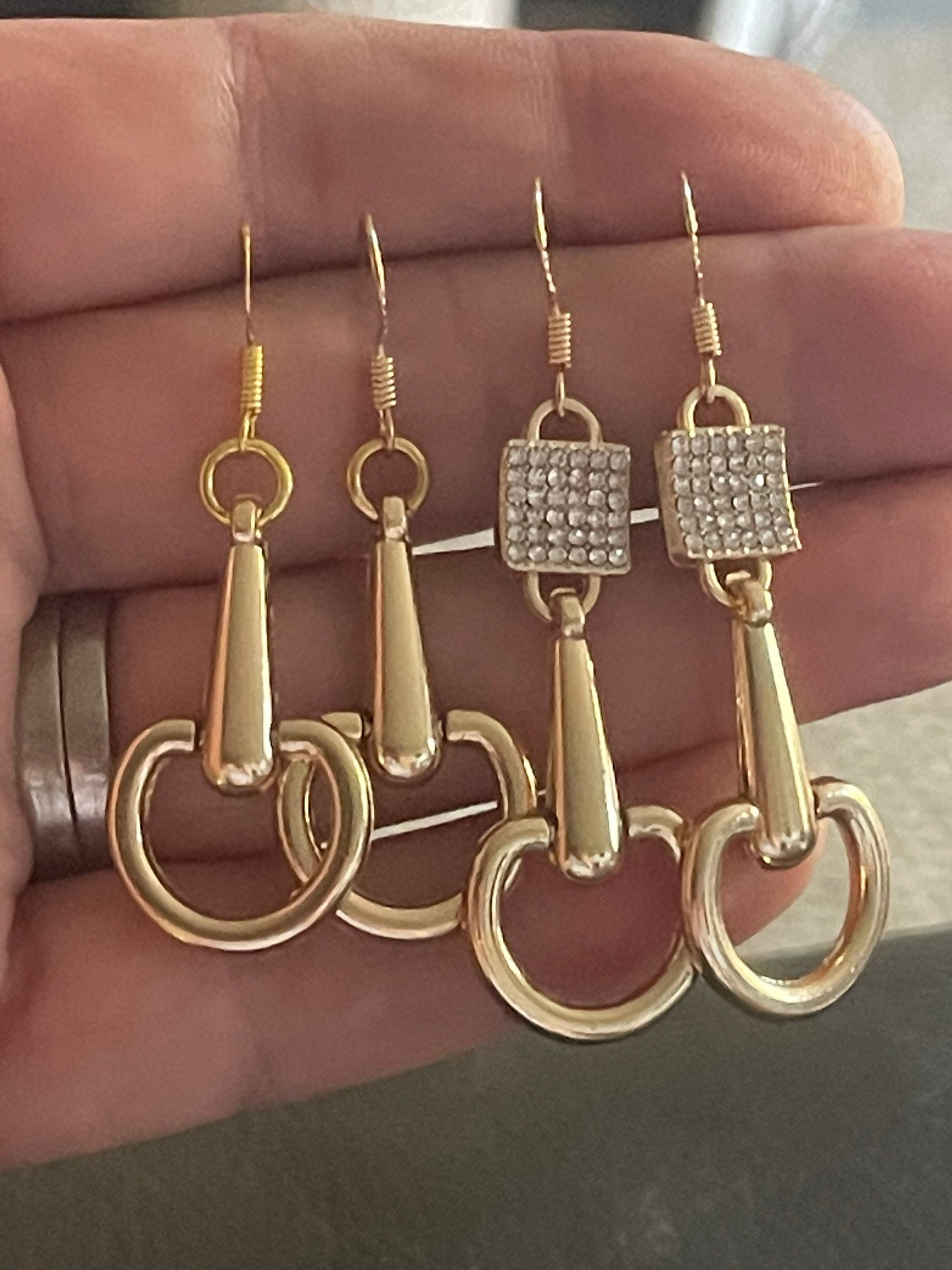 Handmade stirrup horse bit dangly diamanté snaffle earrings gold tone equestrian