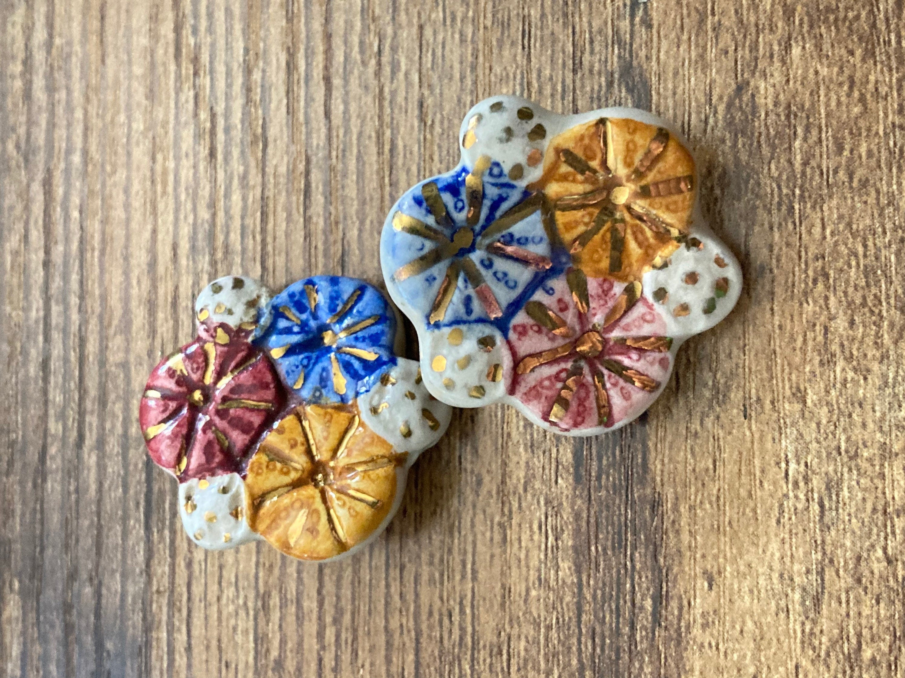 Artisan ceramic pink orange blue glazed floral clip on earrings