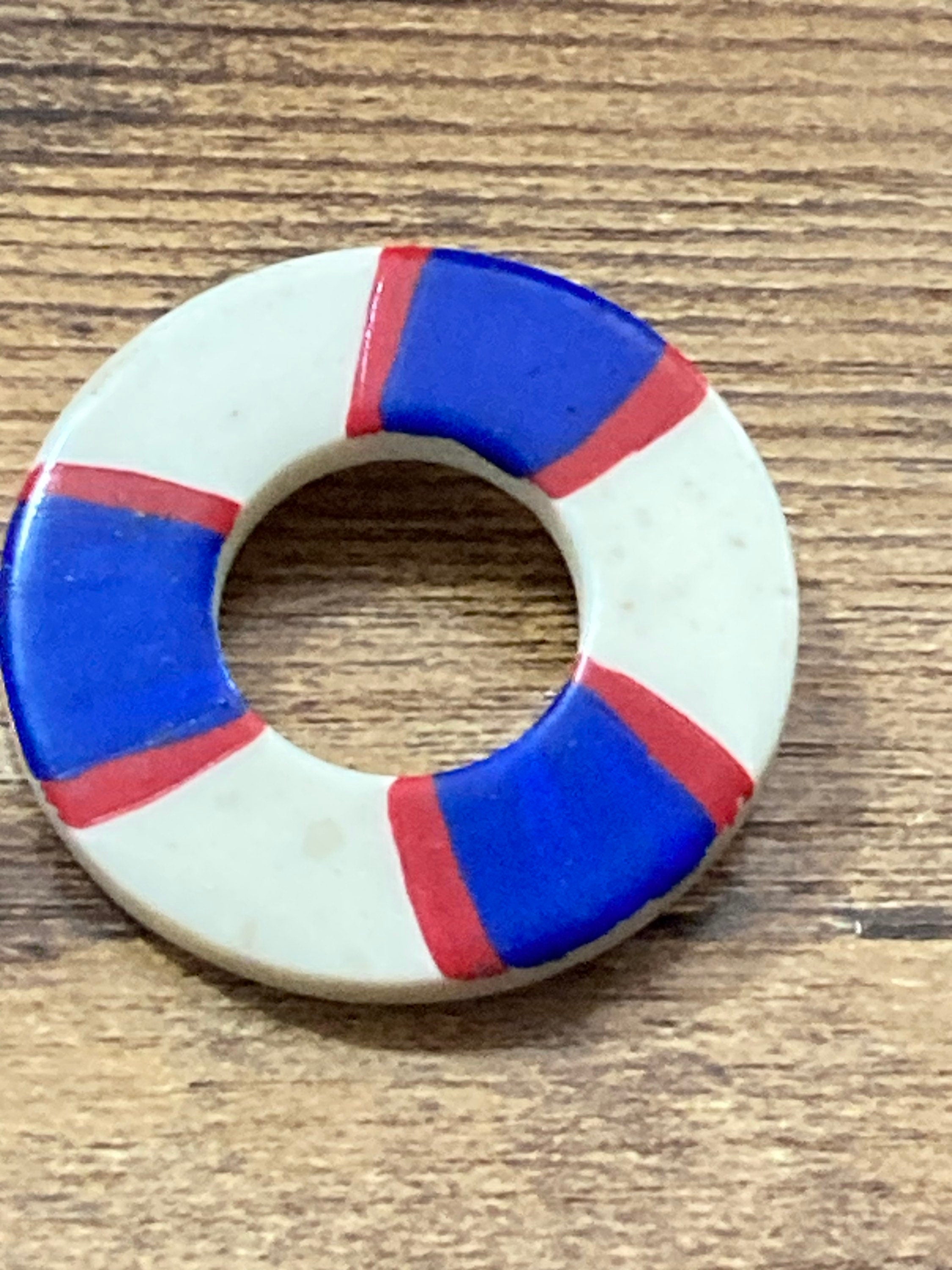 vintage nautical plastic red white and blue life bouy lifesaving ring  Brooch