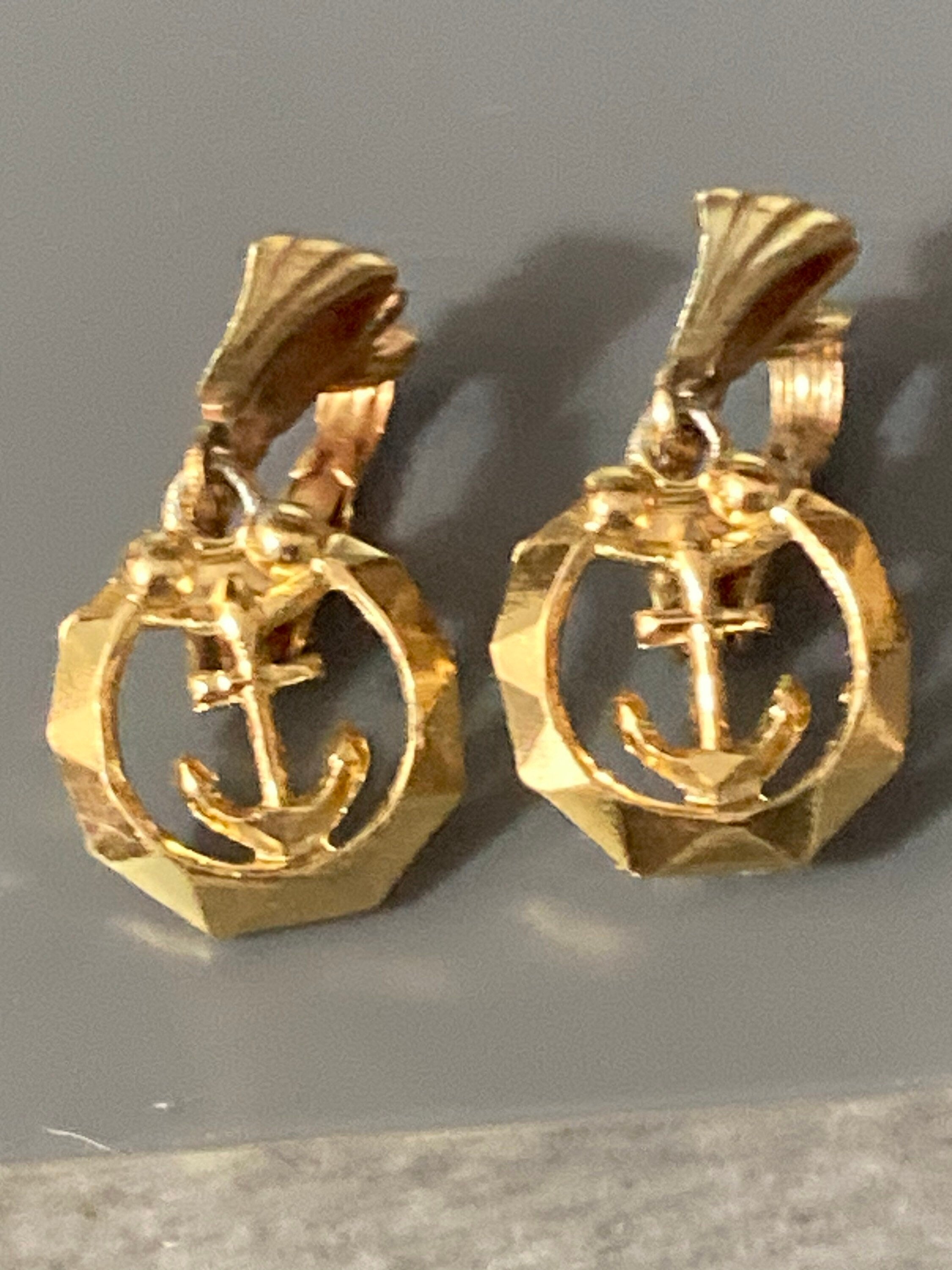 gold tone Nautical anchor dangly drop clip on earrings