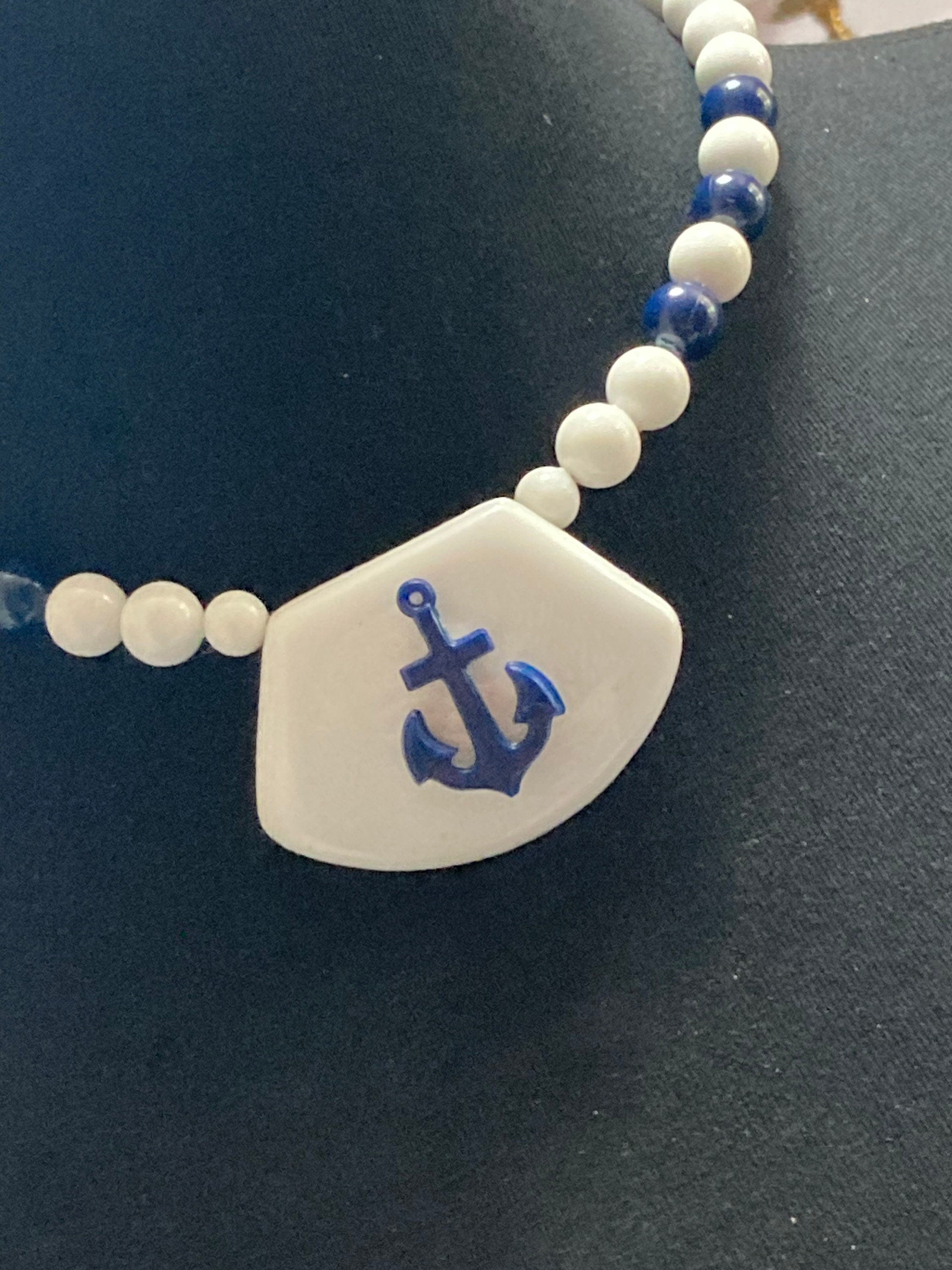 Vintage blue and white beaded plastic anchor necklace