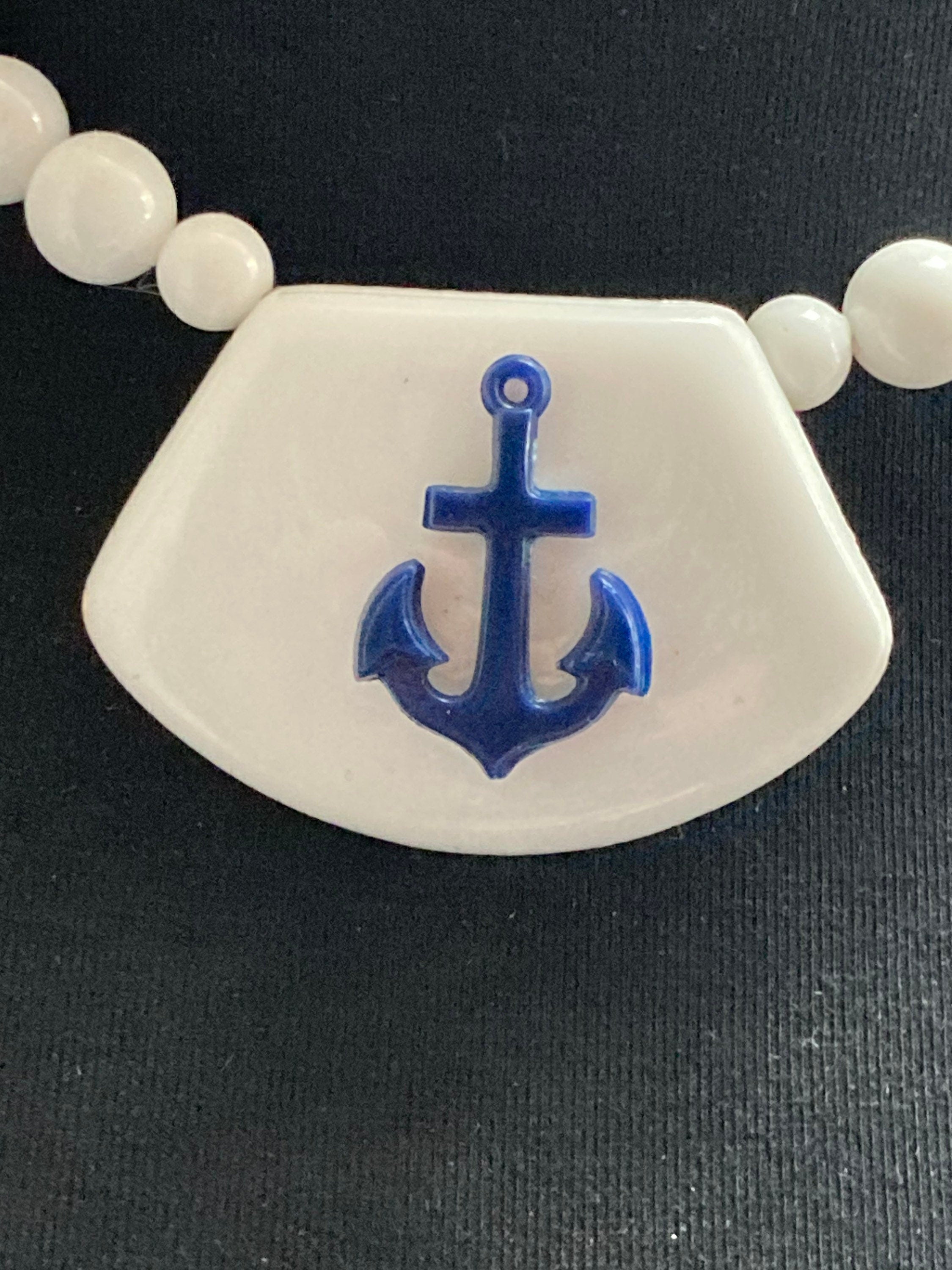 Vintage blue and white beaded plastic anchor necklace