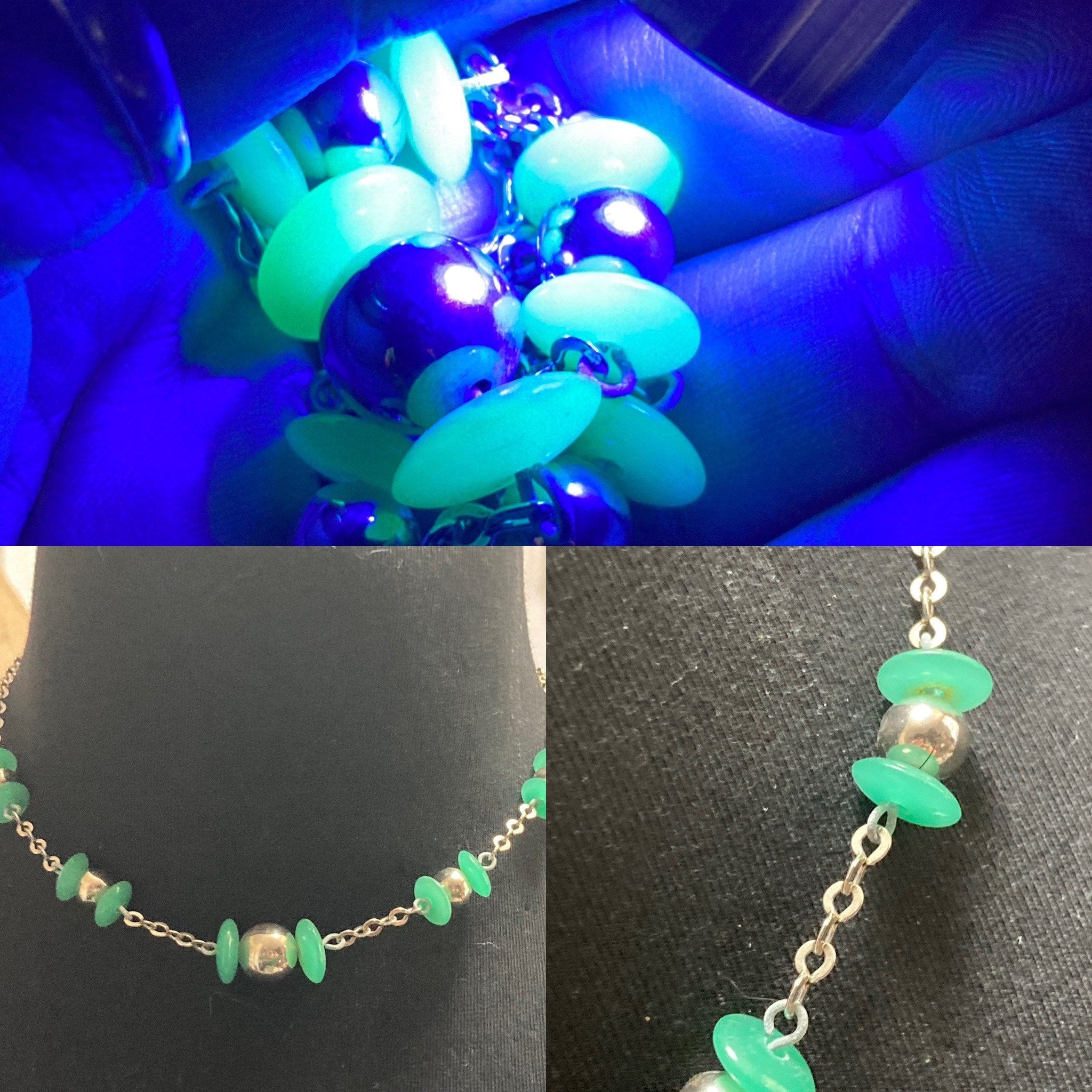 True vintage Art deco Czech green chrysoprase Uranium UV glass beaded necklace 43cm genuine old shop stock