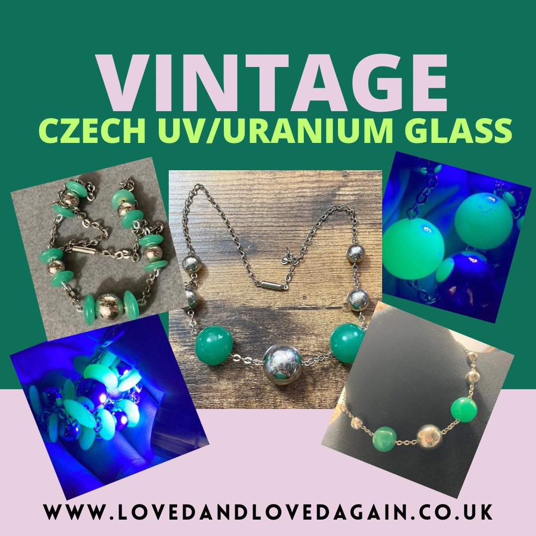 True vintage Art deco Czech green chrysoprase Uranium UV glass beaded necklace 43cm genuine old shop stock