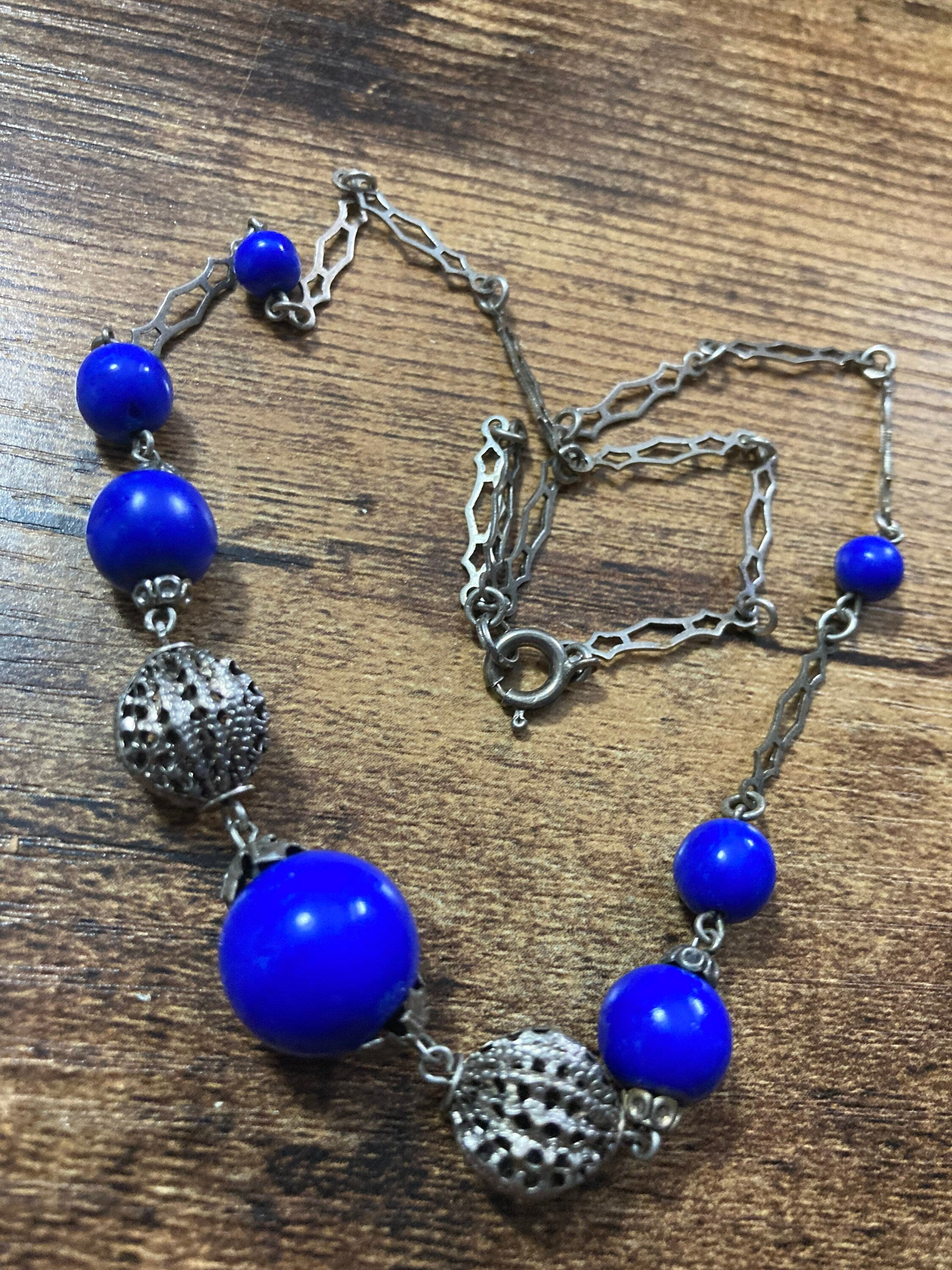 Art Deco czech chrome silver necklace with cobalt blue glass beaded stones