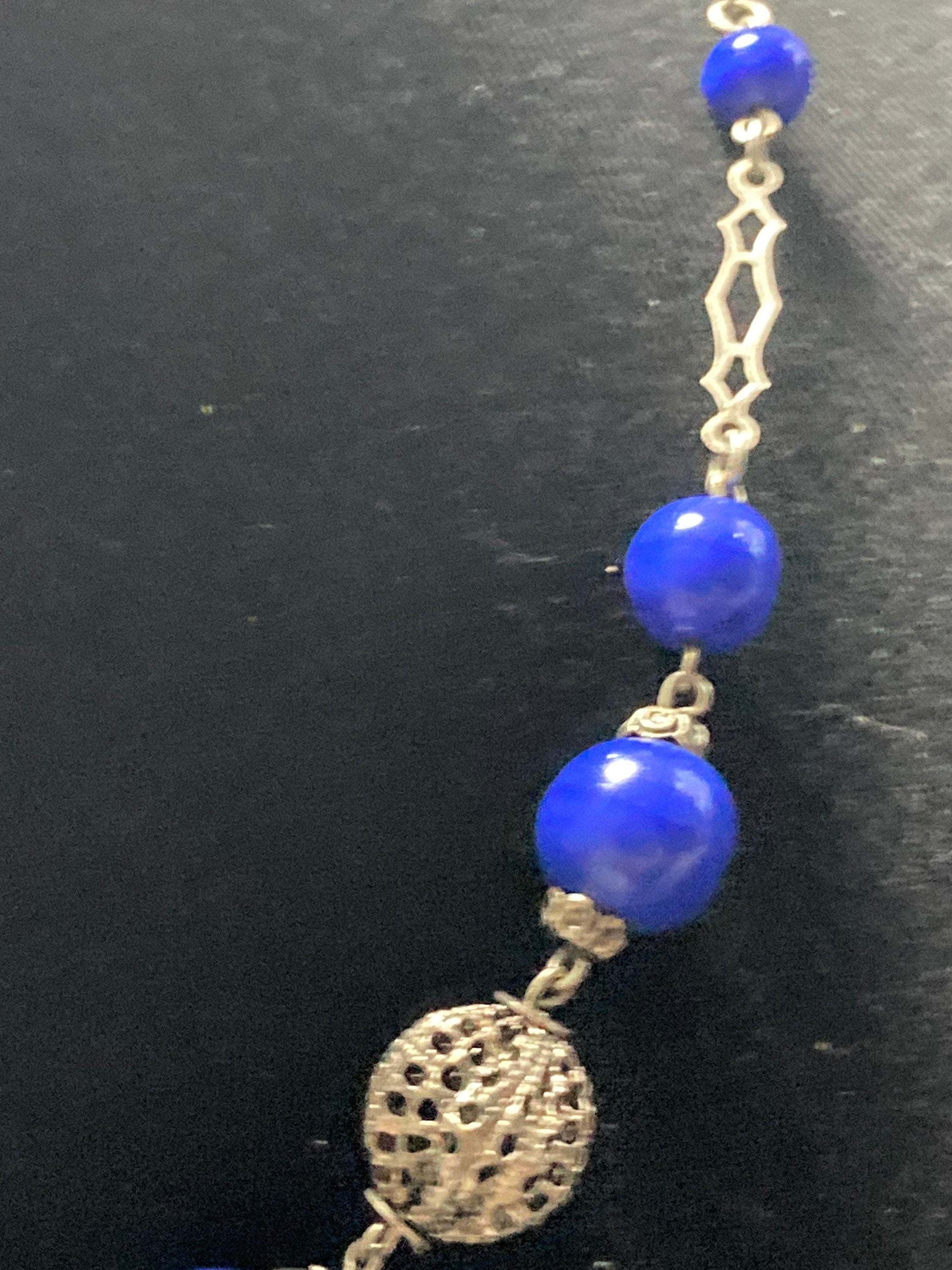 Art Deco czech chrome silver necklace with cobalt blue glass beaded stones