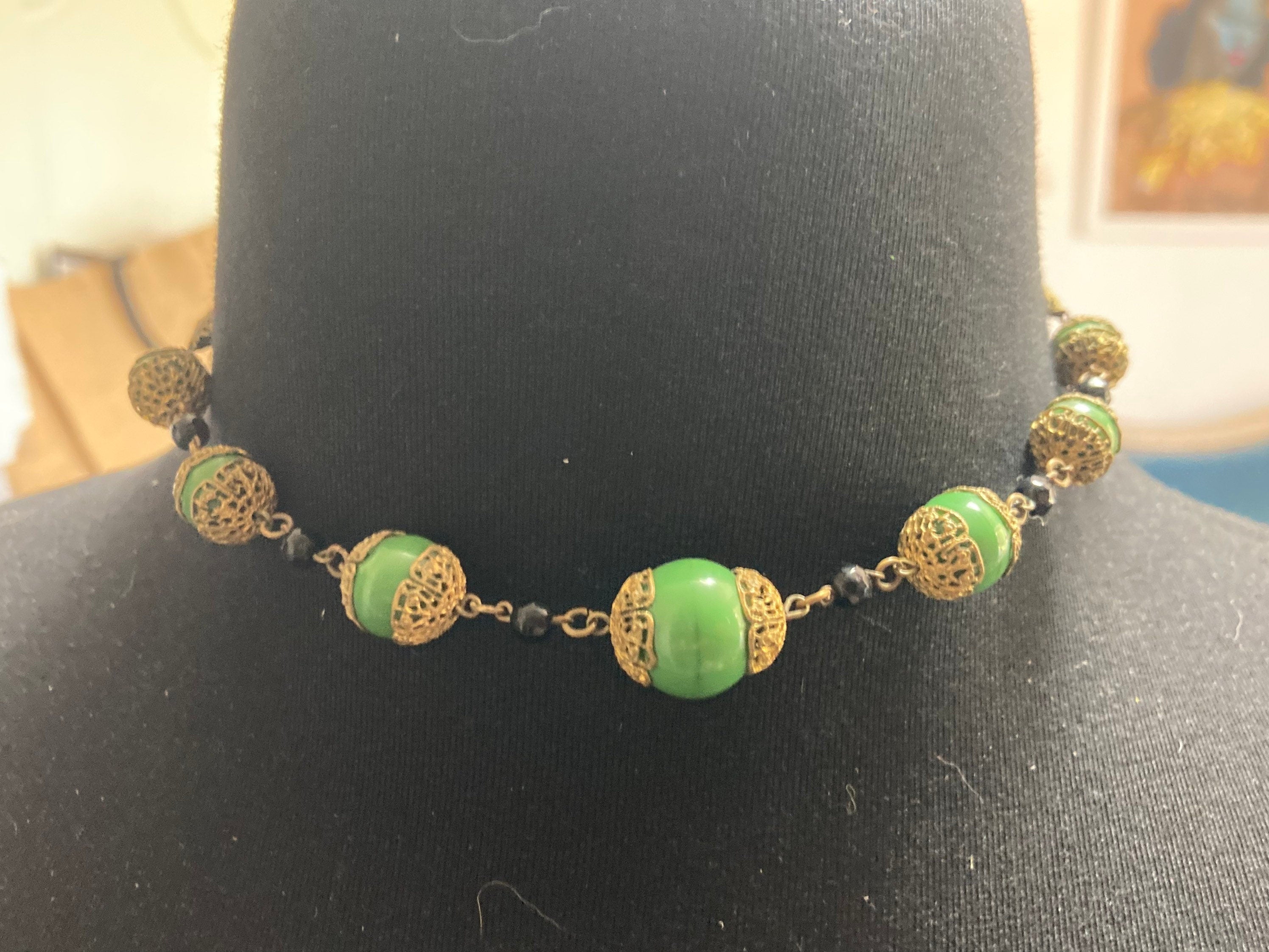 Art Deco czech gold tone brass filigree green ceramic beaded necklace 41cm