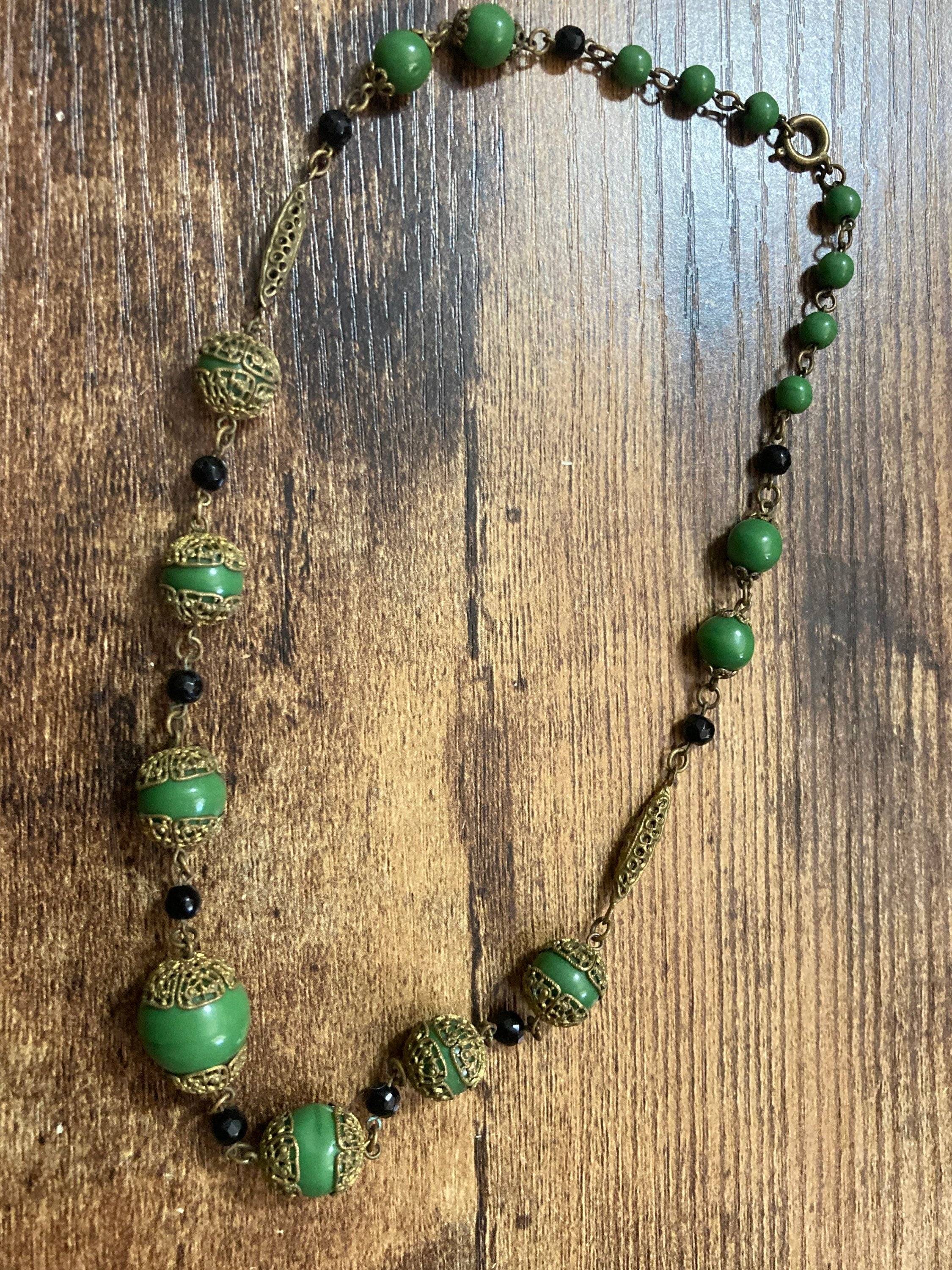 Art Deco czech gold tone brass filigree green ceramic beaded necklace 41cm
