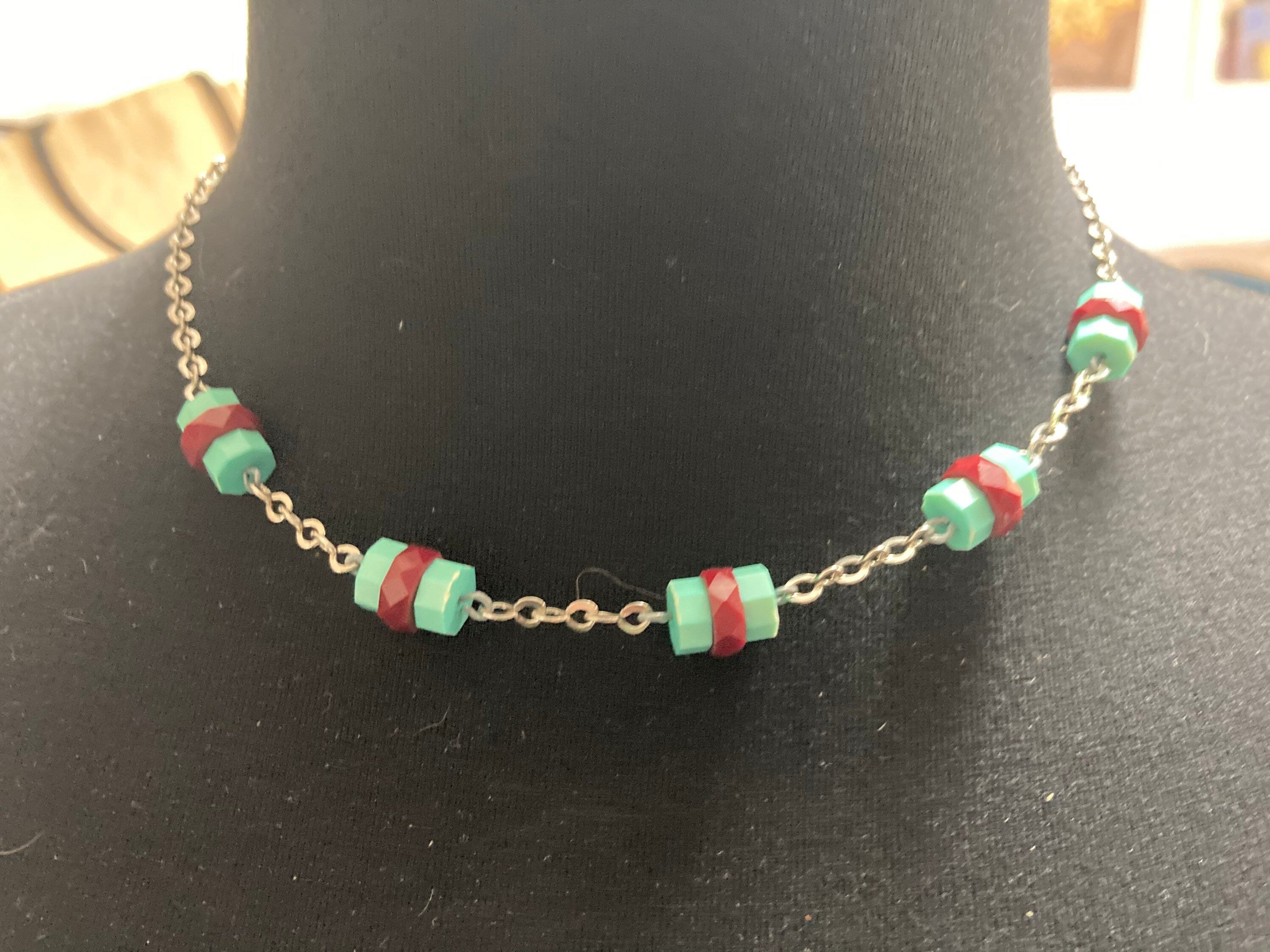Vintage Art Deco necklace with galalith period carmine red and turquoise rondelle beads old shop stock