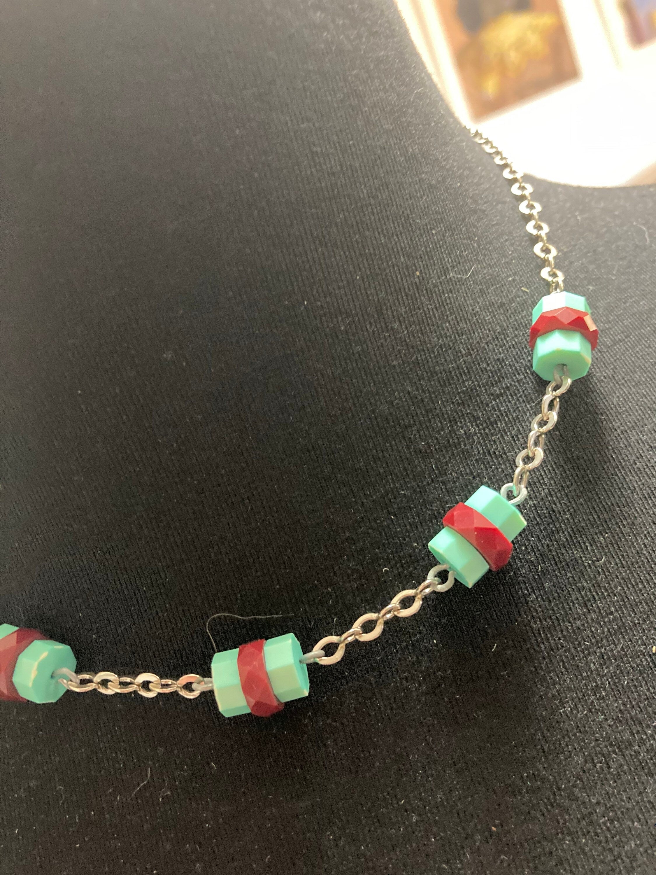 Vintage Art Deco necklace with galalith period carmine red and turquoise rondelle beads old shop stock