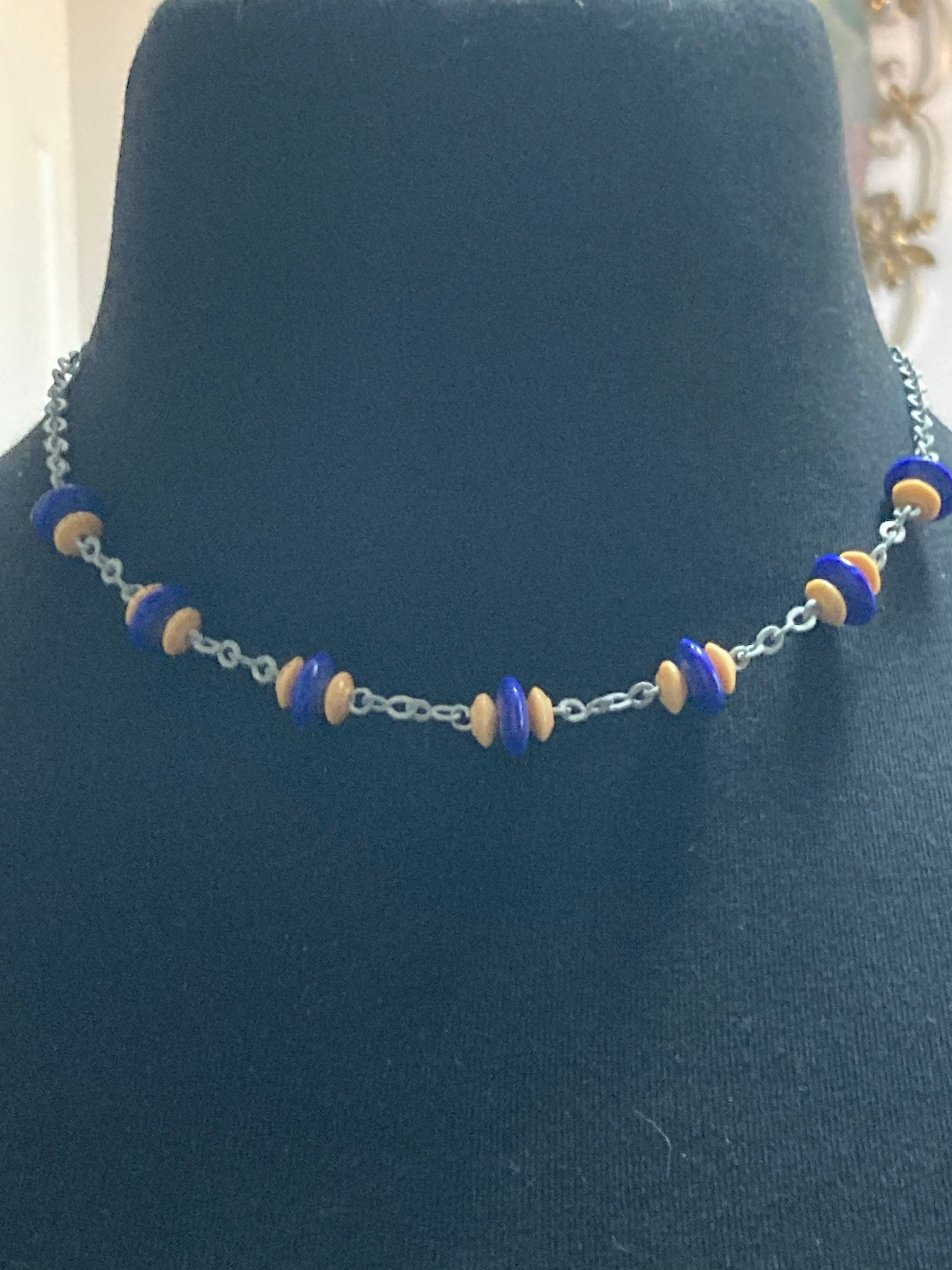 For restringing Vintage Art Deco galalith necklace blue and beige rondelle beads old shop stock