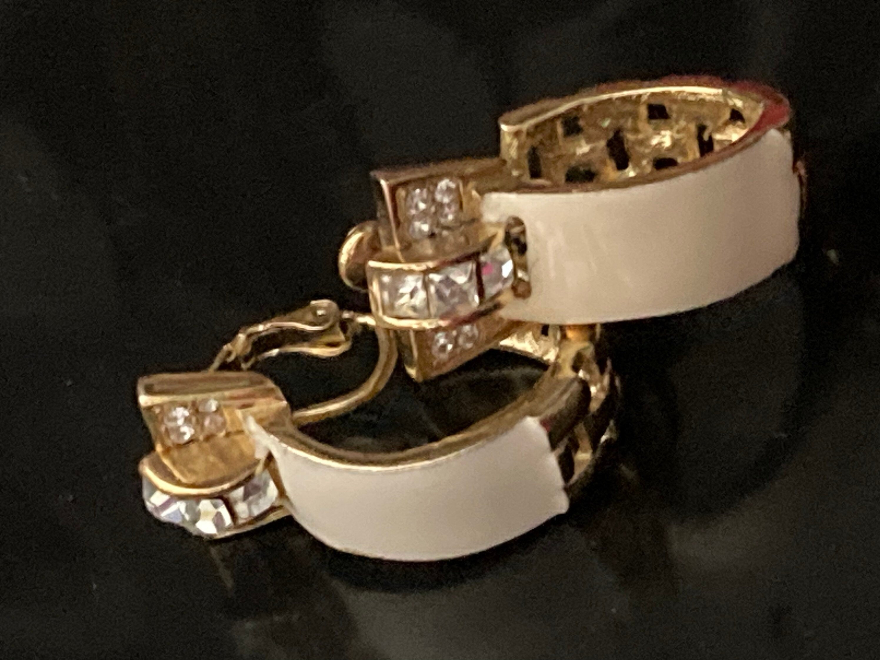 Signed Givenchy cream enamel diamanté gold hoop clip on earrings