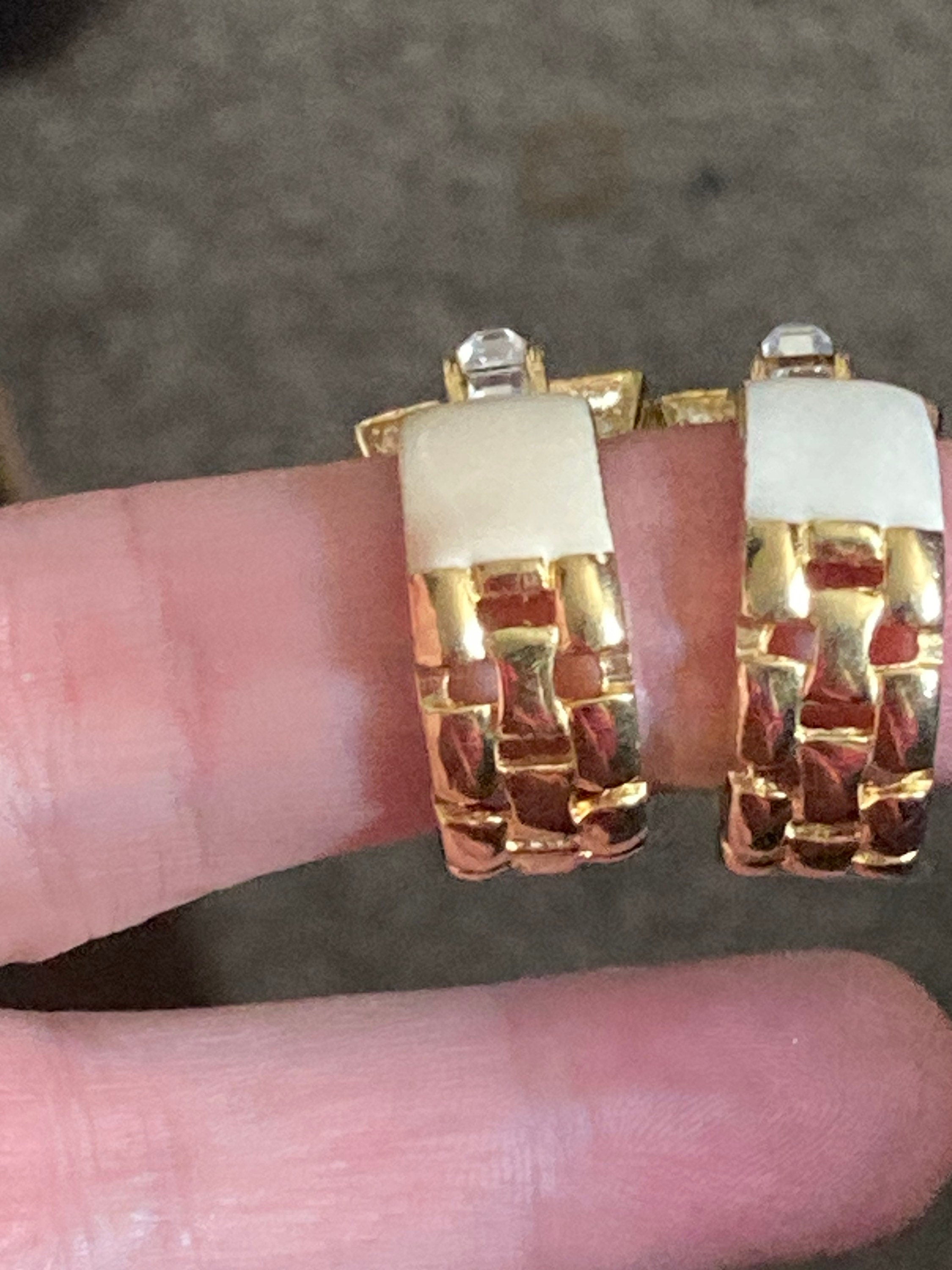 Signed Givenchy cream enamel diamanté gold hoop clip on earrings
