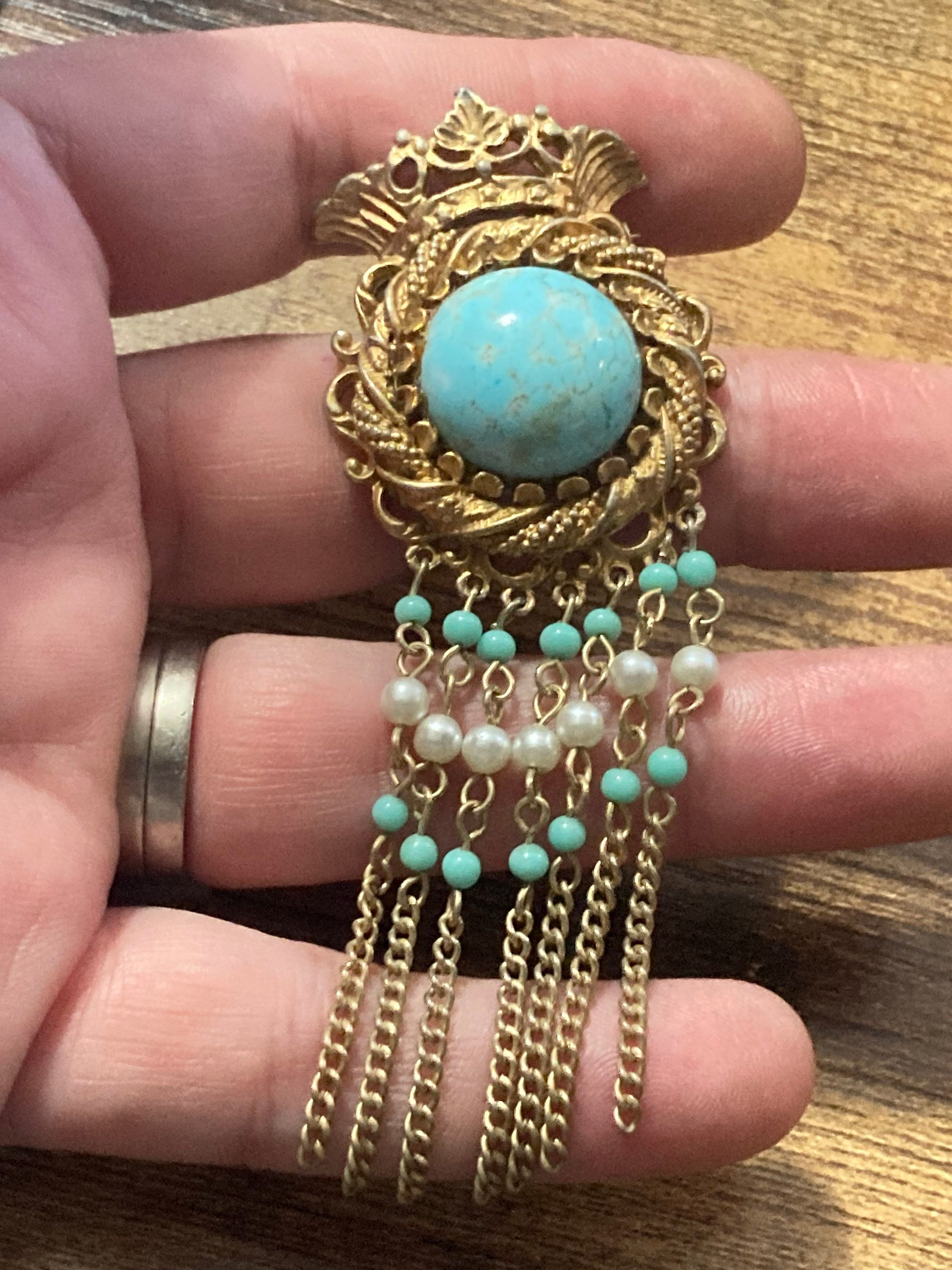 vintage modernist gold tone mesh turquoise diamanté waterfall chain drop brooch