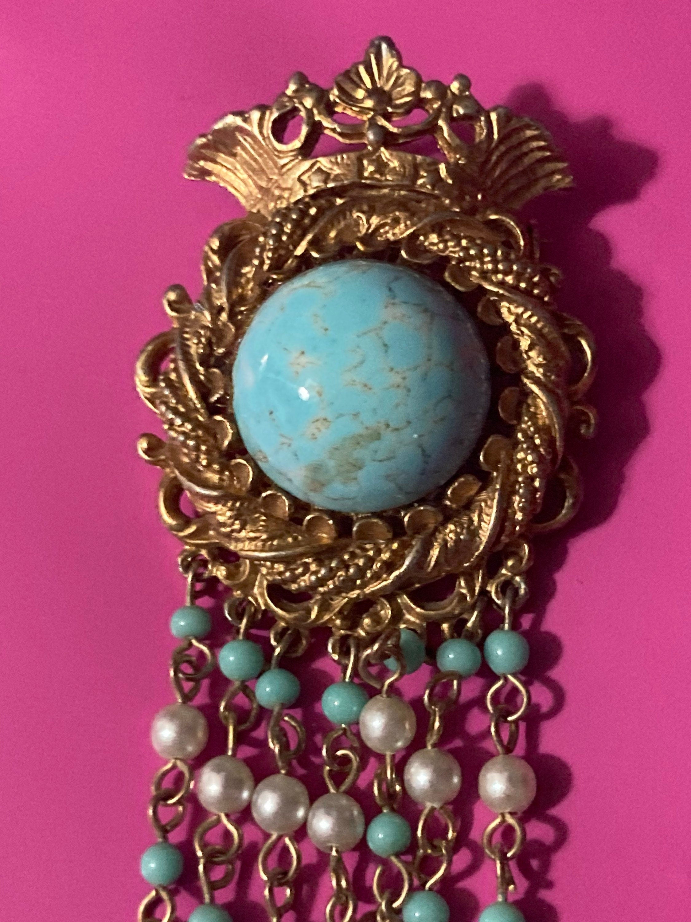 vintage modernist gold tone mesh turquoise diamanté waterfall chain drop brooch