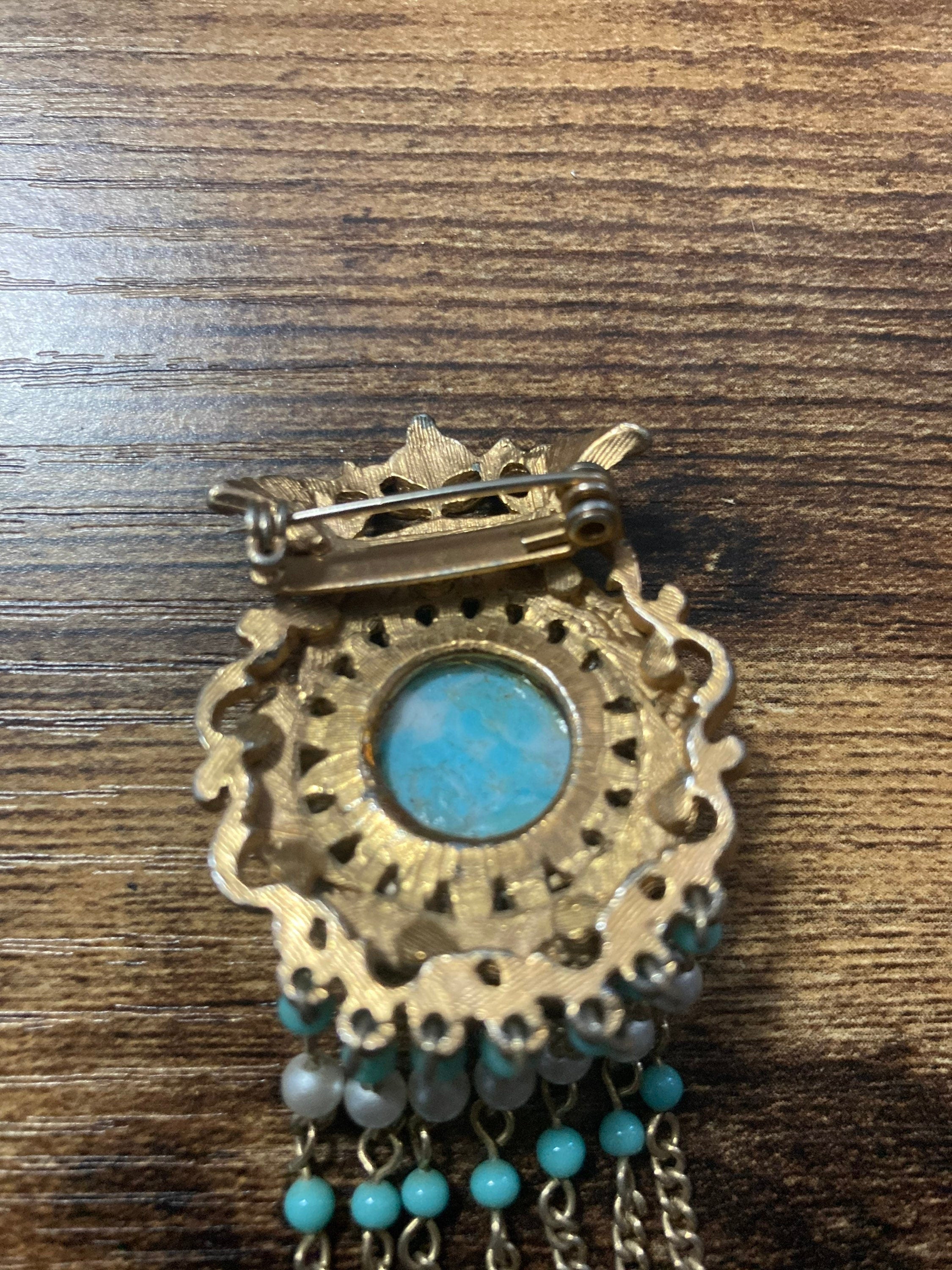 vintage modernist gold tone mesh turquoise diamanté waterfall chain drop brooch