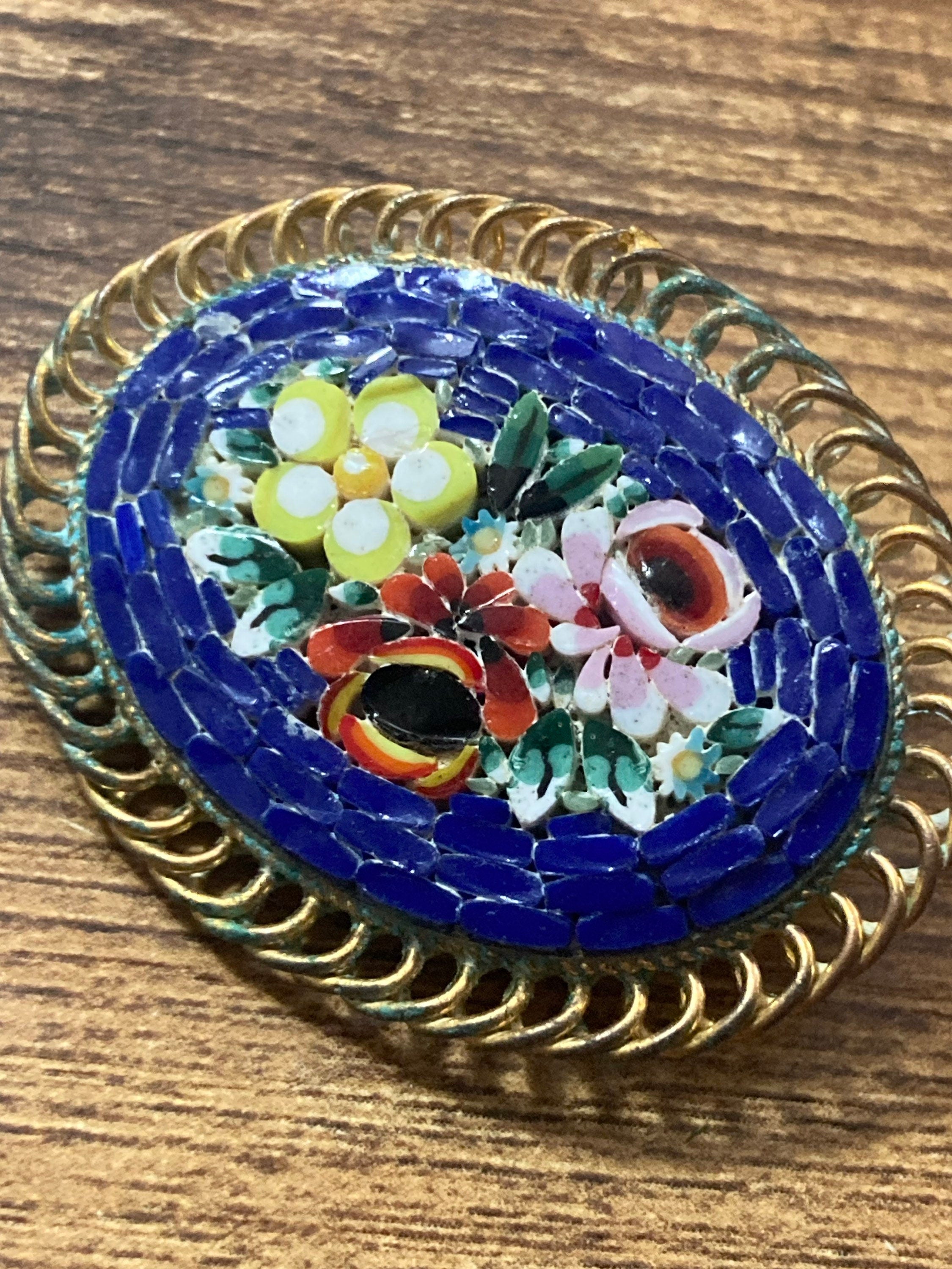 Vintage Italian micro mosaic floral Oval brooch blue and red