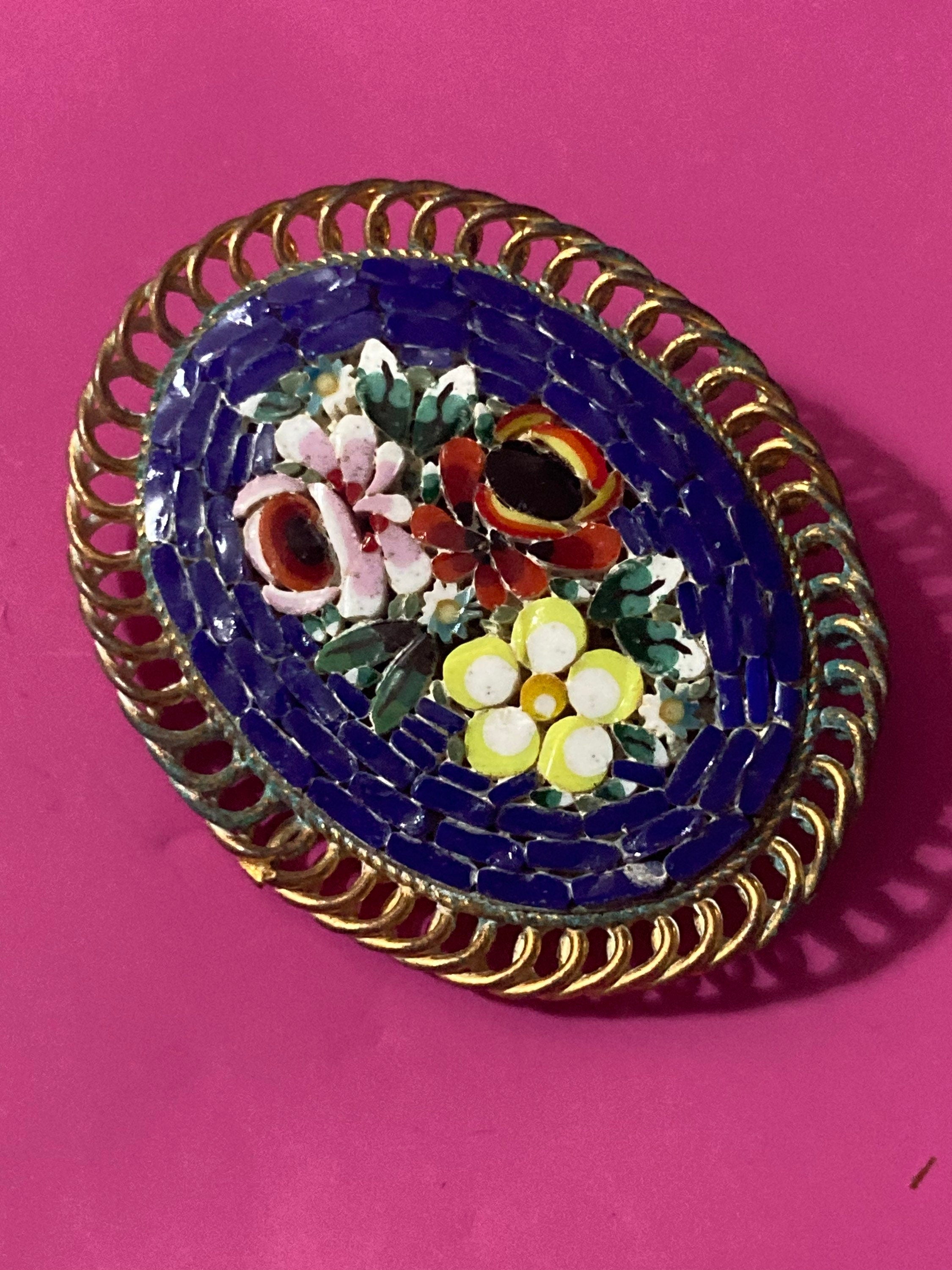 Vintage Italian micro mosaic floral Oval brooch blue and red
