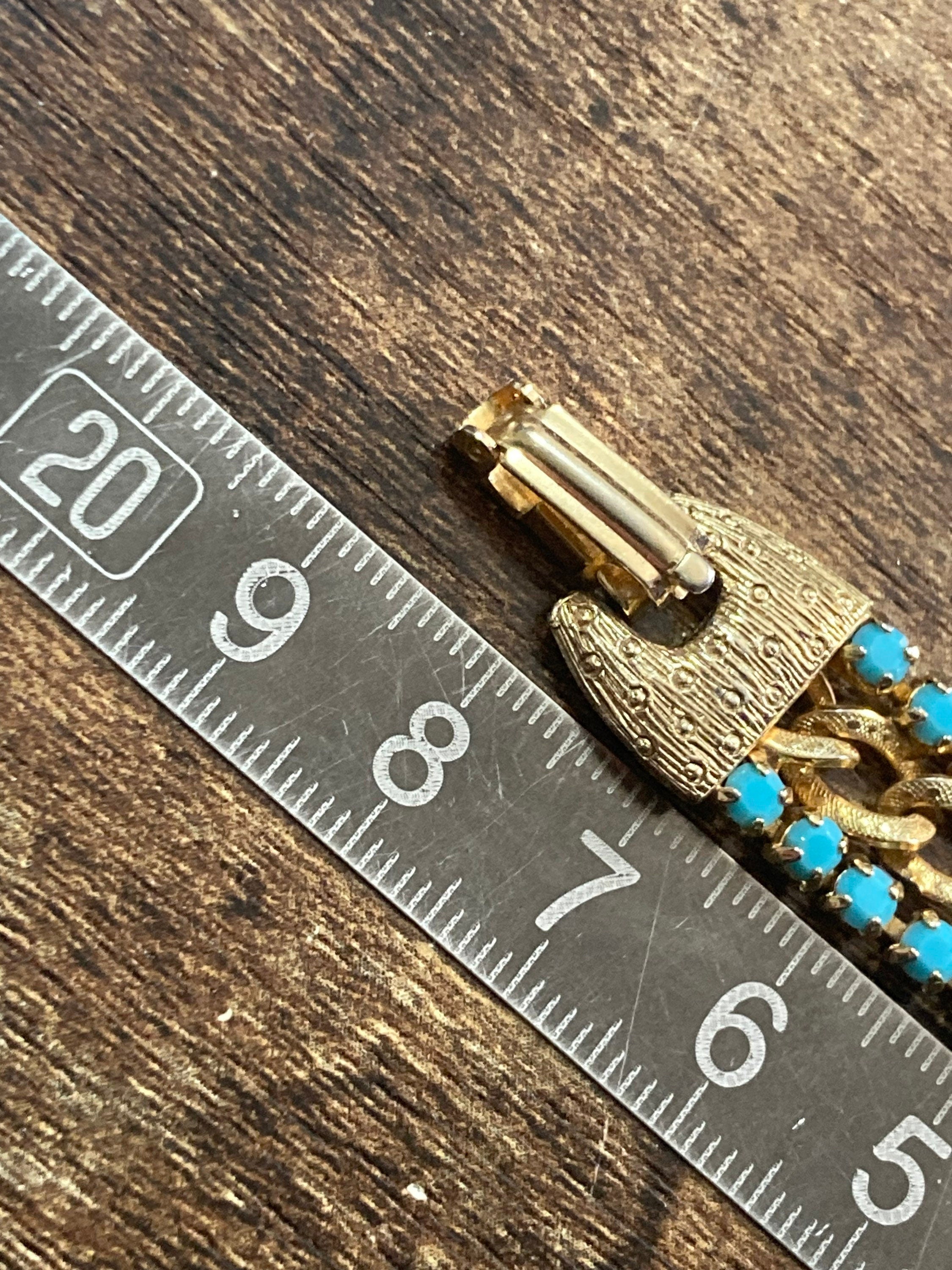 Vintage articulated flat link mesh gold tone bracelet with turquoise blue paste