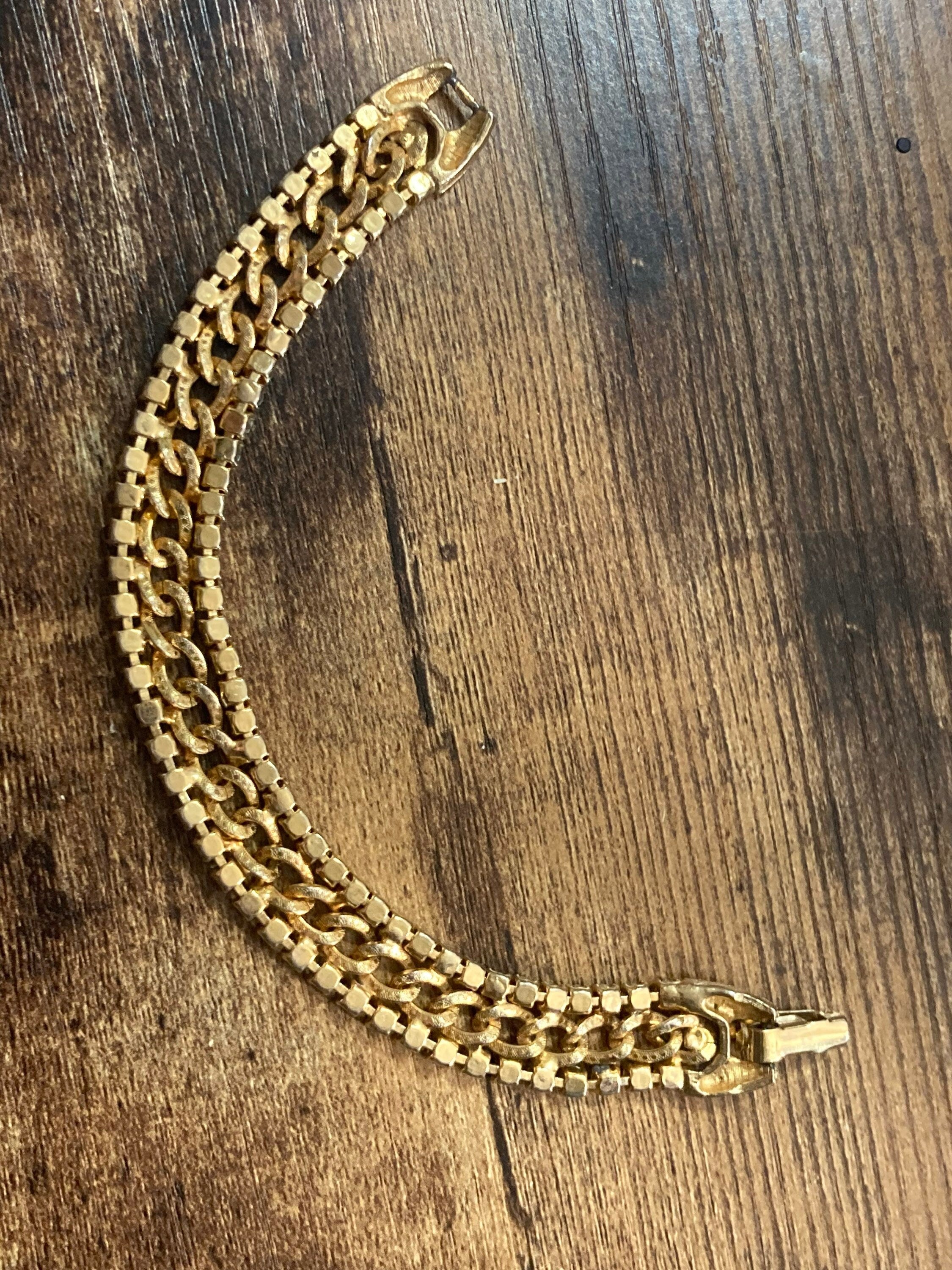 Vintage articulated flat link mesh gold tone bracelet with turquoise blue paste