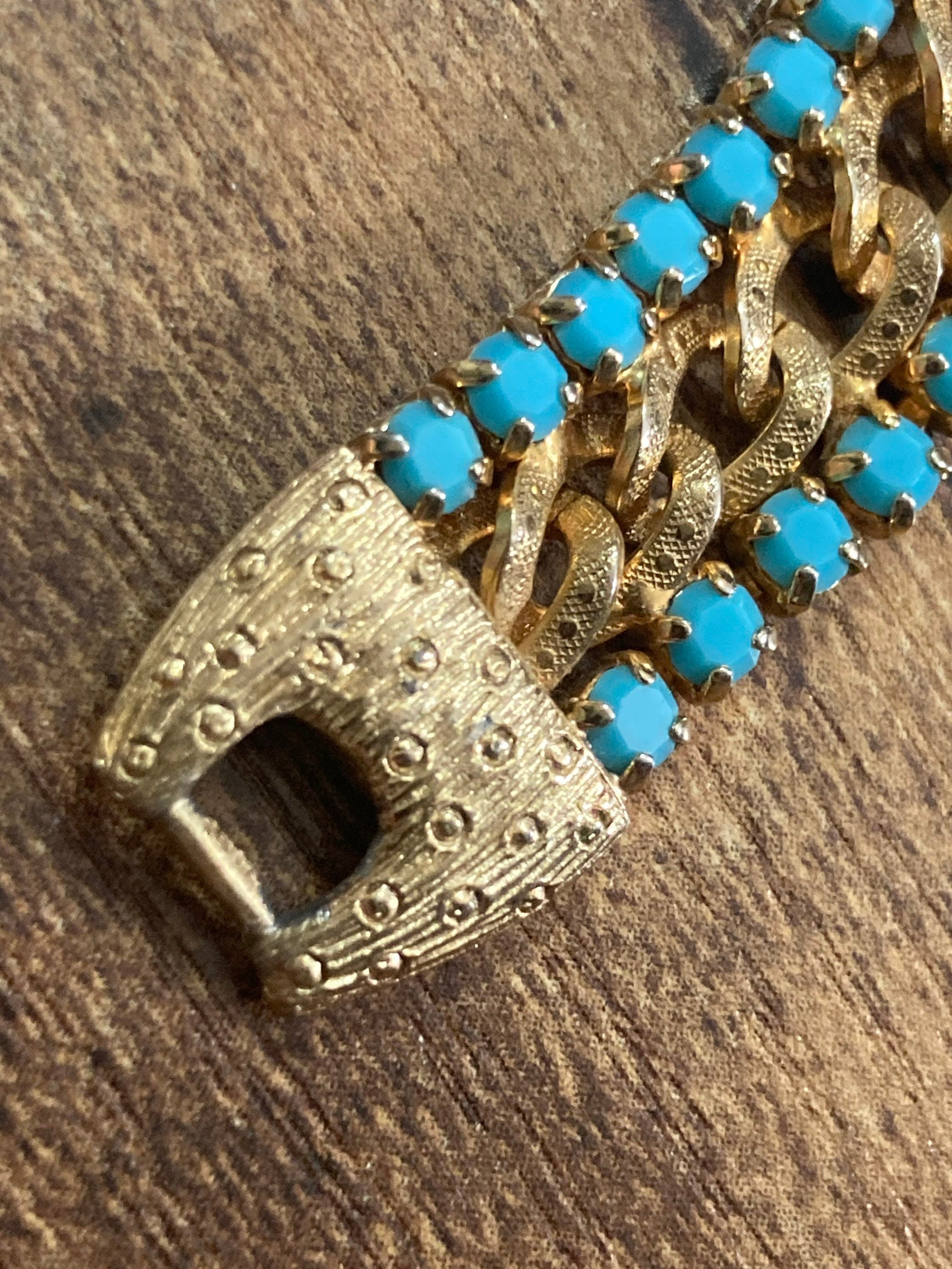 Vintage articulated flat link mesh gold tone bracelet with turquoise blue paste