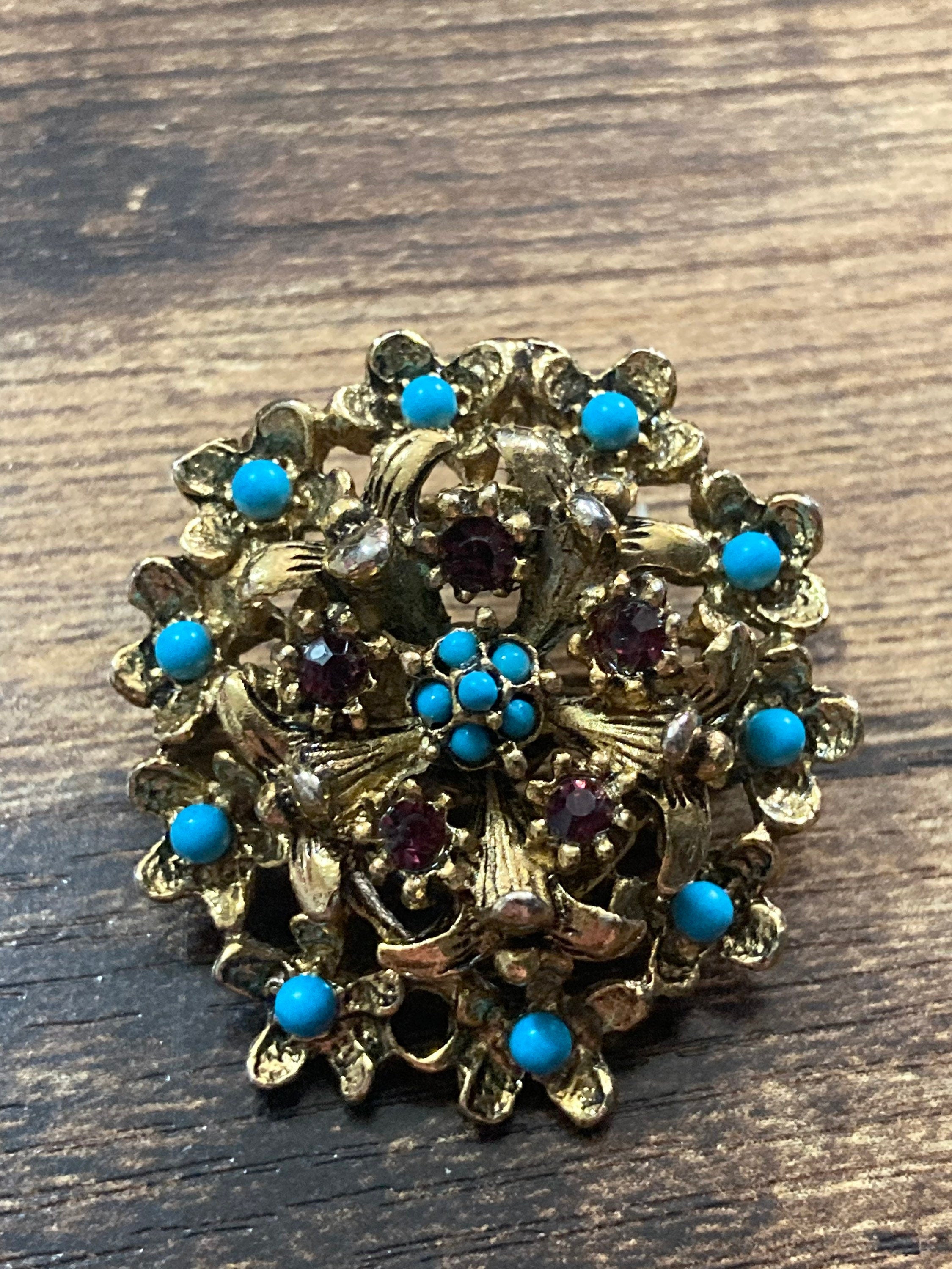 vintage gold tone mesh turquoise bead & garnet Ruby red paste brooch