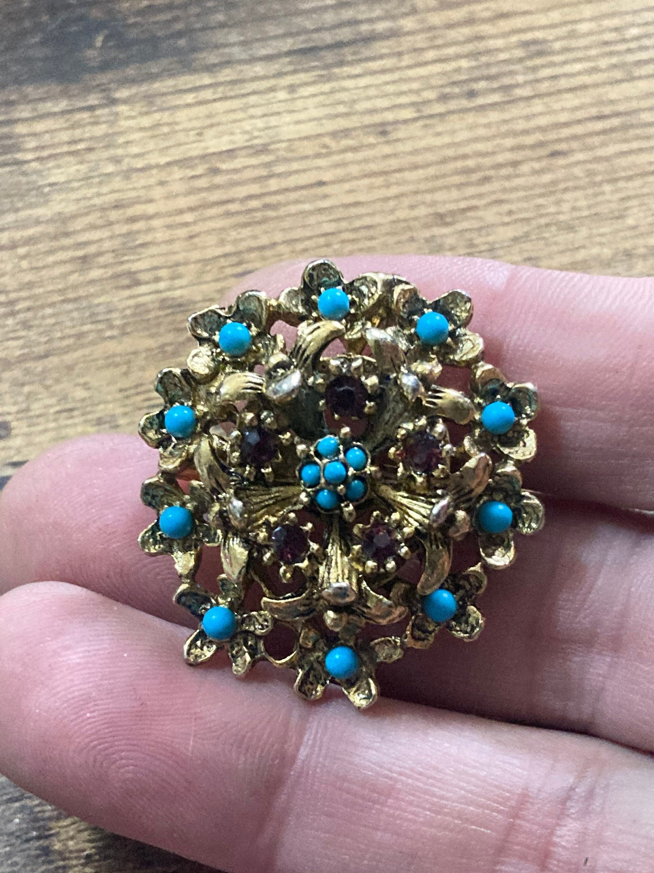 vintage gold tone mesh turquoise bead & garnet Ruby red paste brooch