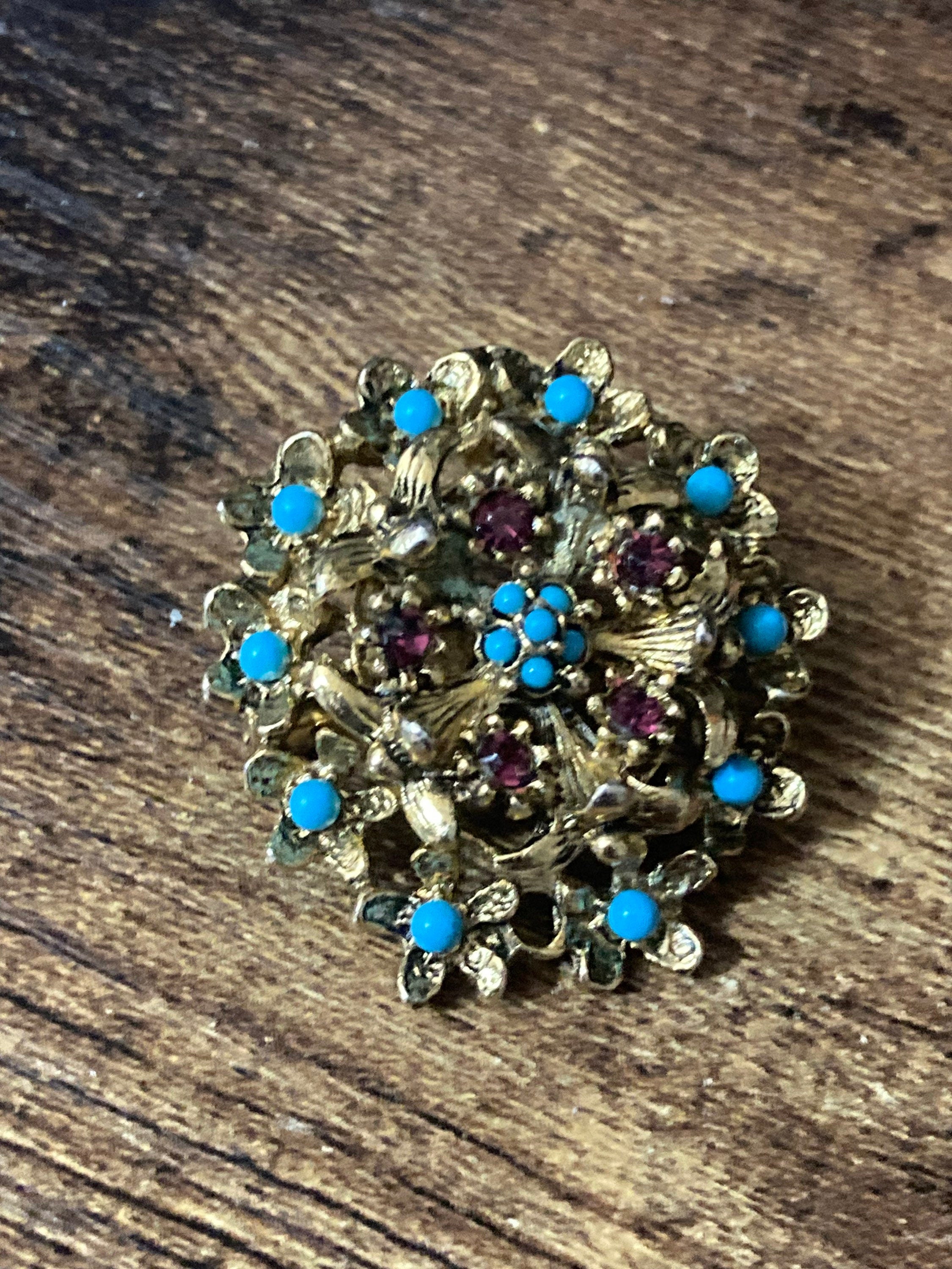 vintage gold tone mesh turquoise bead & garnet Ruby red paste brooch
