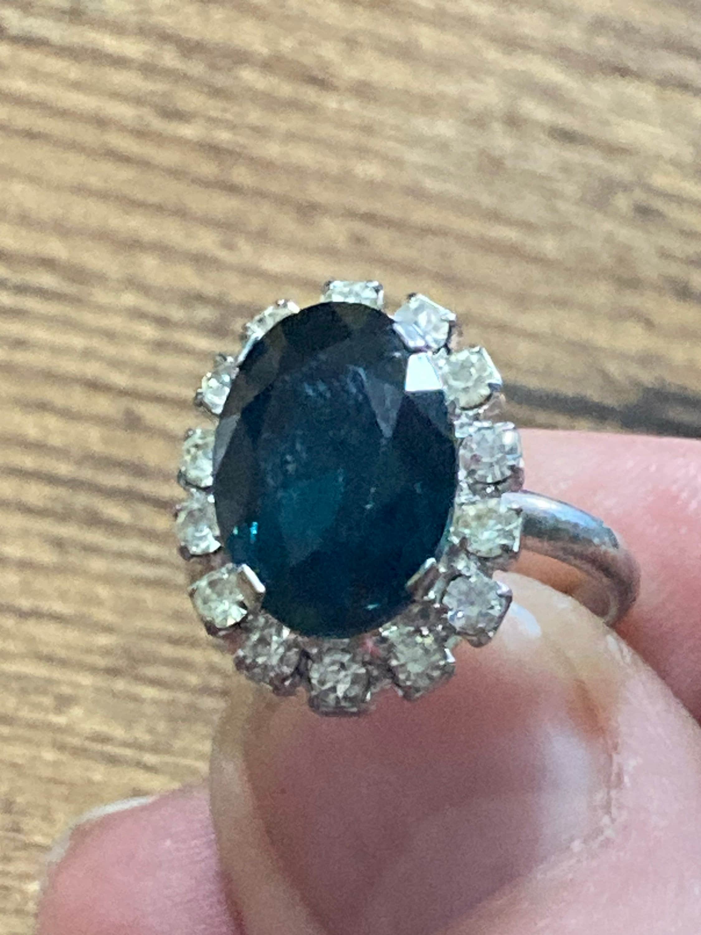 silver tone dark sapphire blue diamanté glass cluster adjustable ring