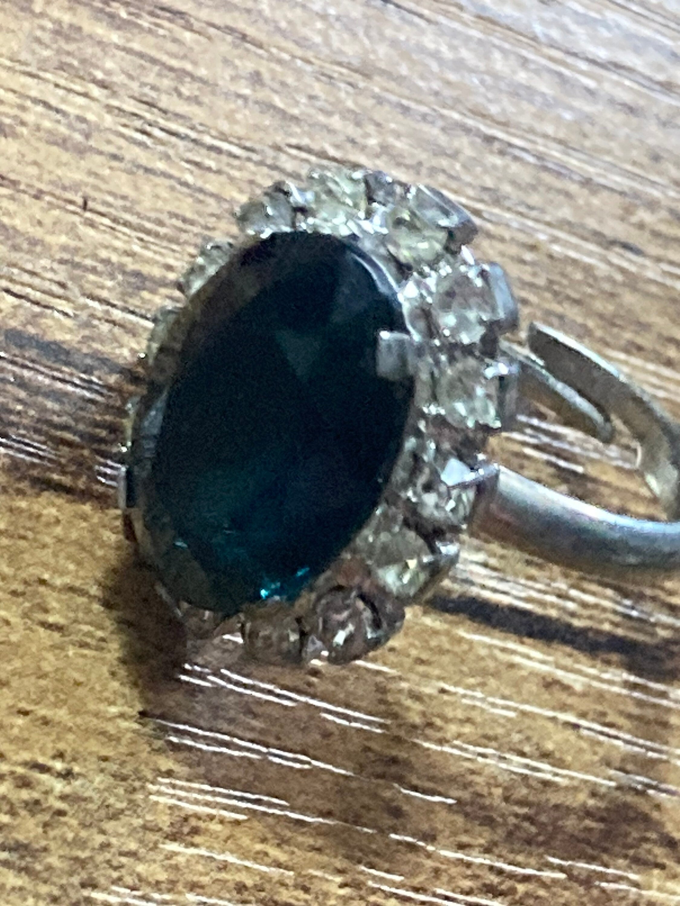 silver tone dark sapphire blue diamanté glass cluster adjustable ring