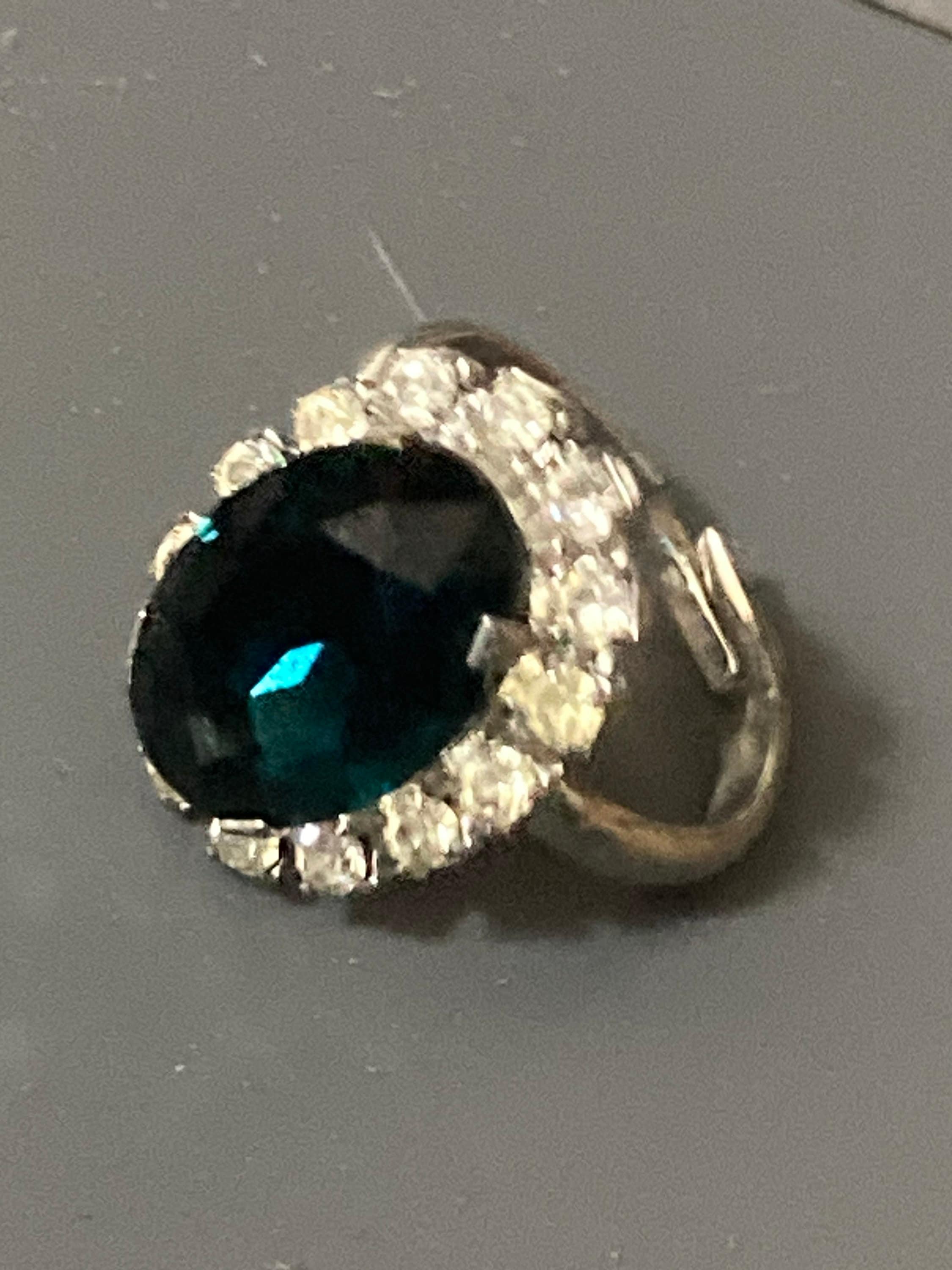 silver tone dark sapphire blue diamanté glass cluster adjustable ring