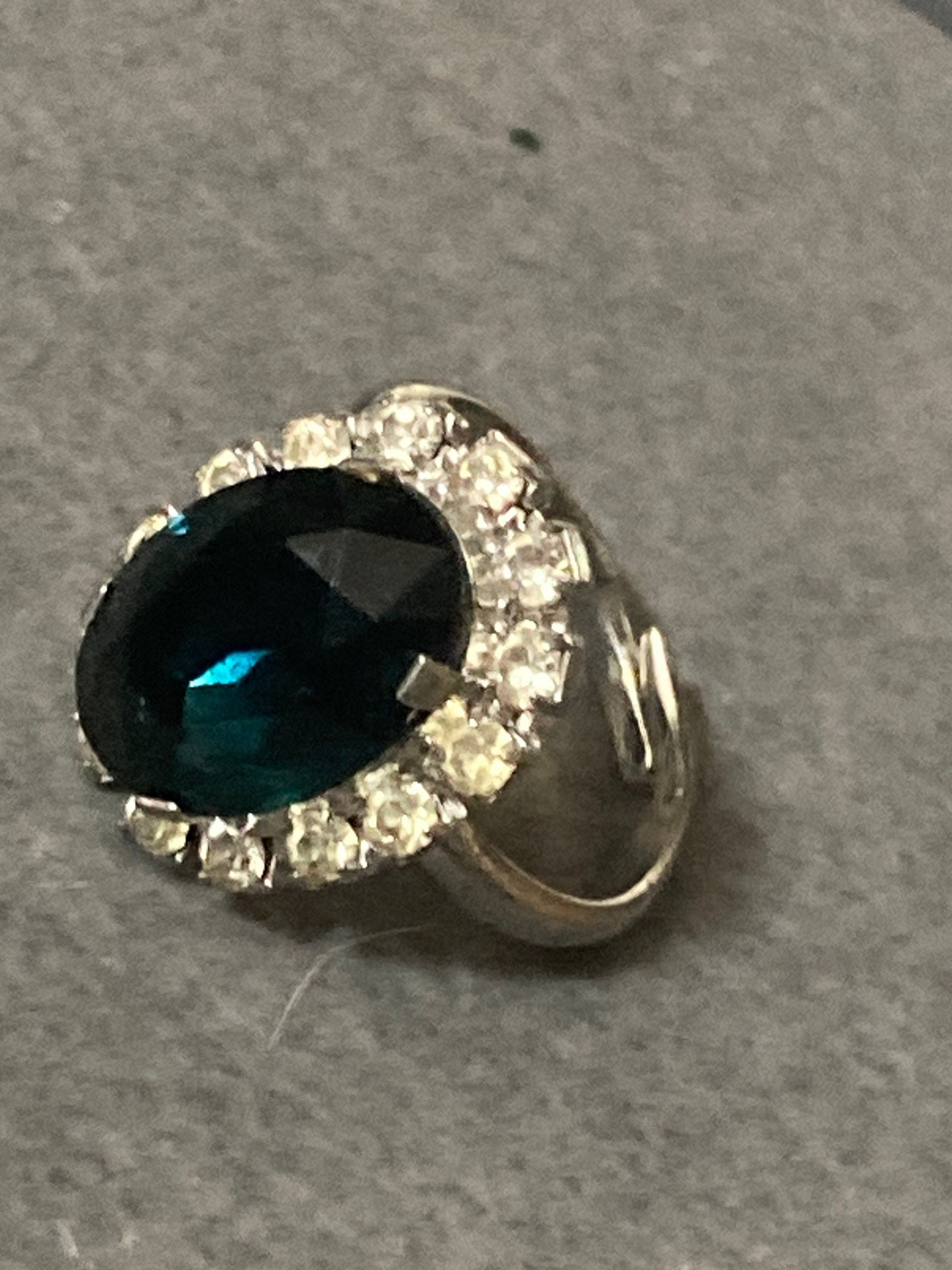 silver tone dark sapphire blue diamanté glass cluster adjustable ring