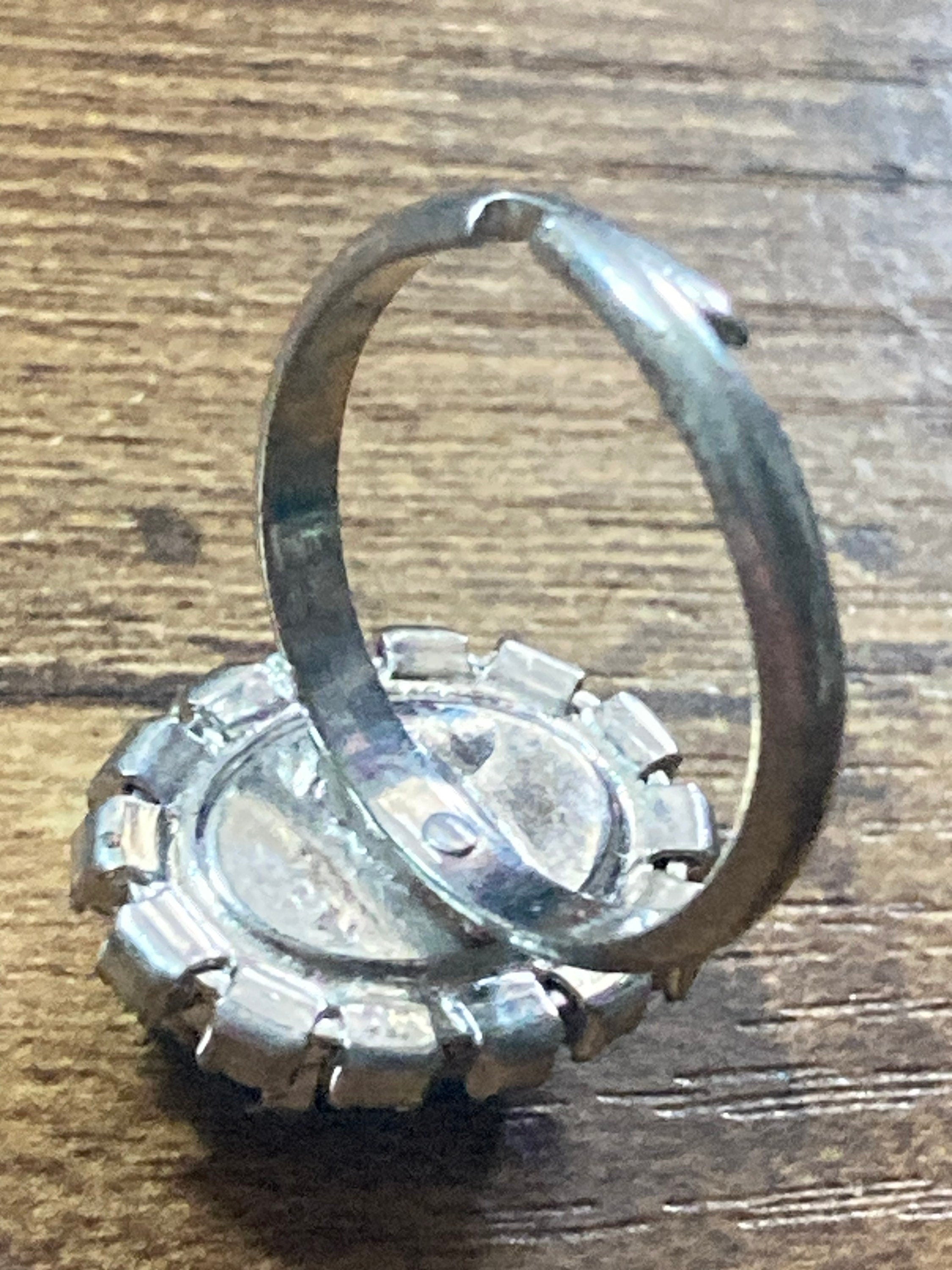 silver tone dark sapphire blue diamanté glass cluster adjustable ring