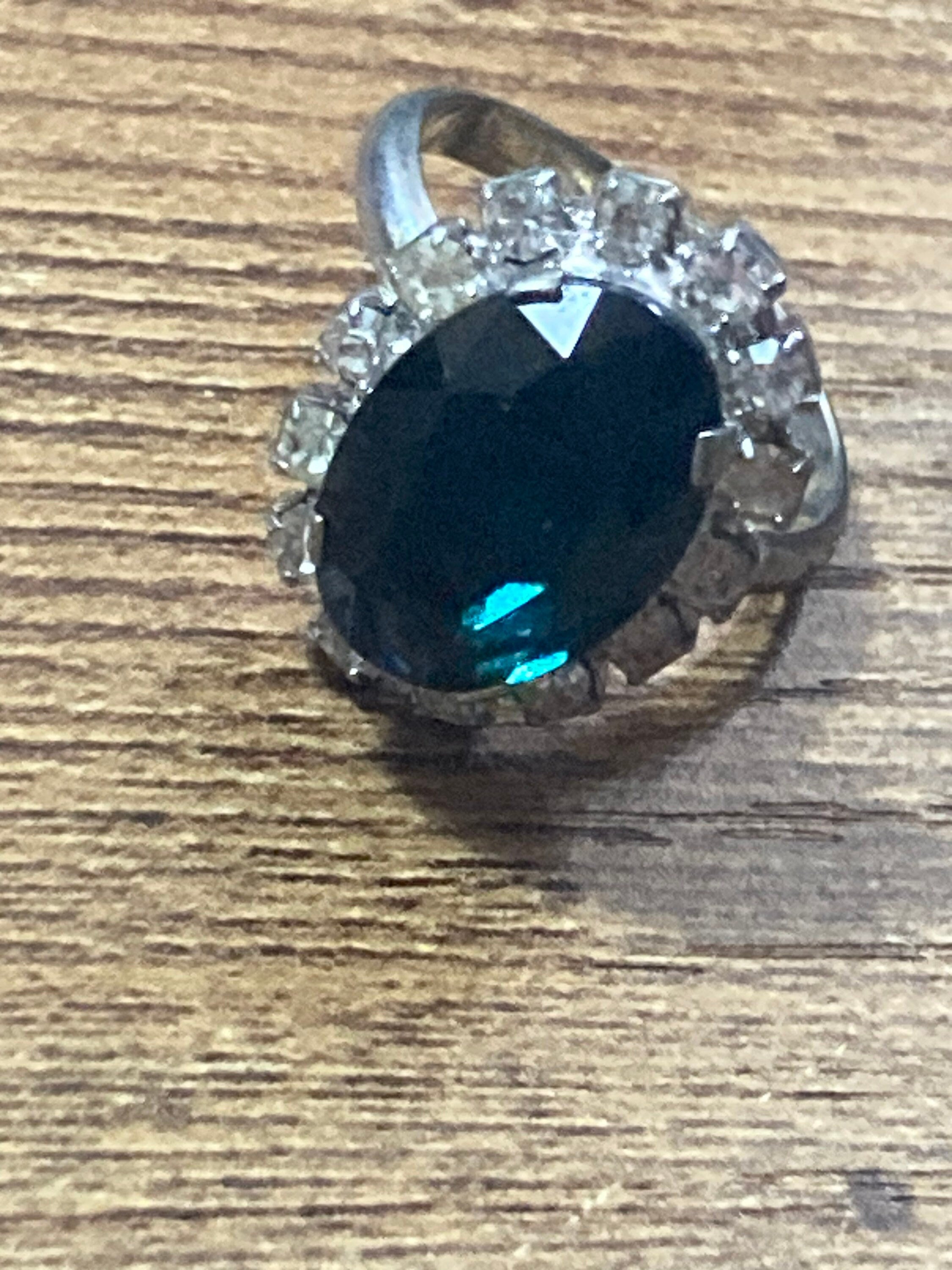 silver tone dark sapphire blue diamanté glass cluster adjustable ring