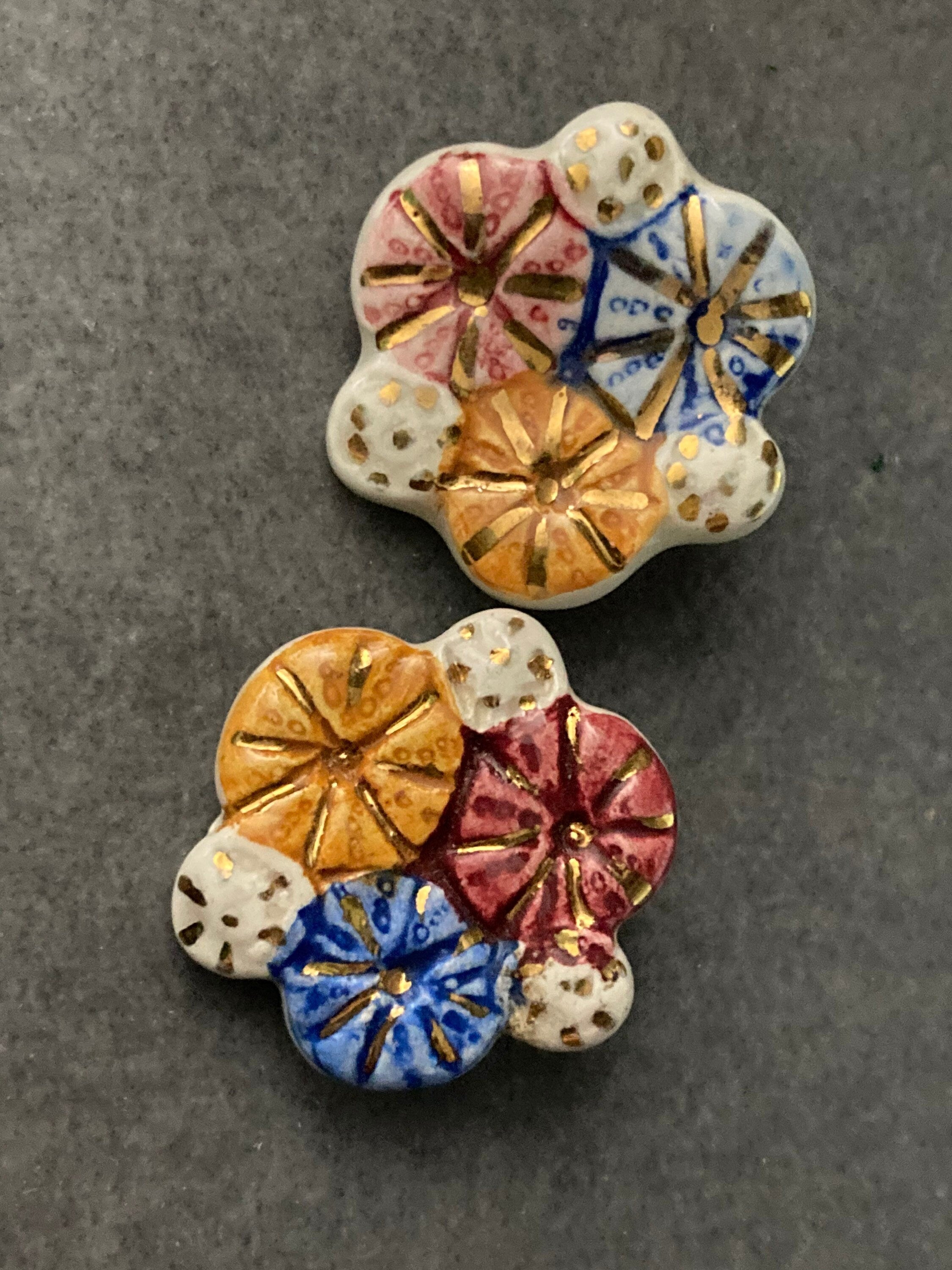 Artisan ceramic pink orange blue glazed floral clip on earrings