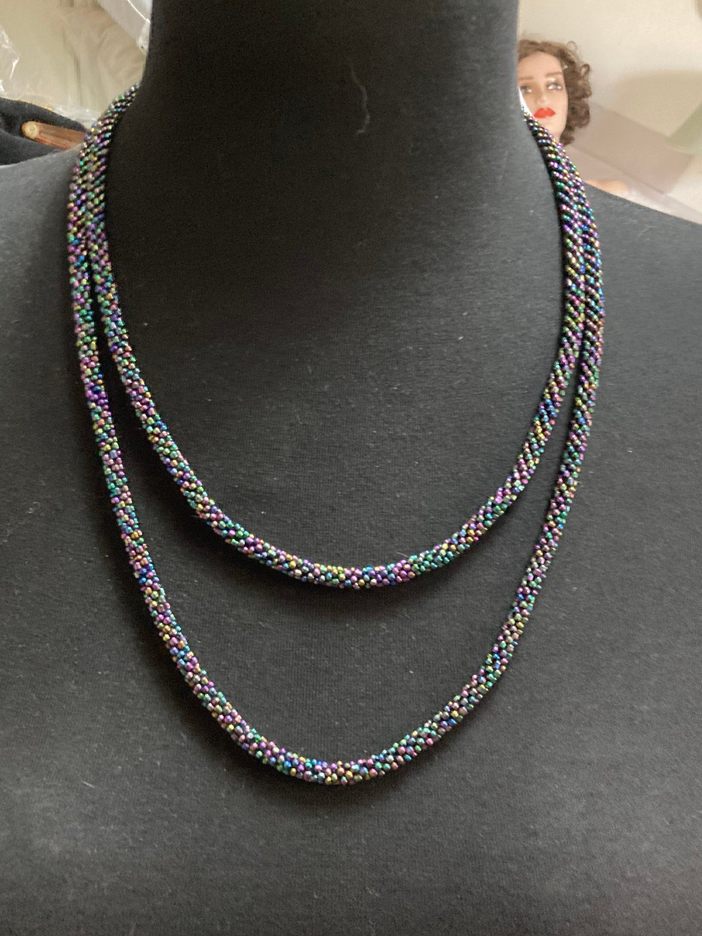 Vintage dark grey rainbow lustre glass seed bead long necklace