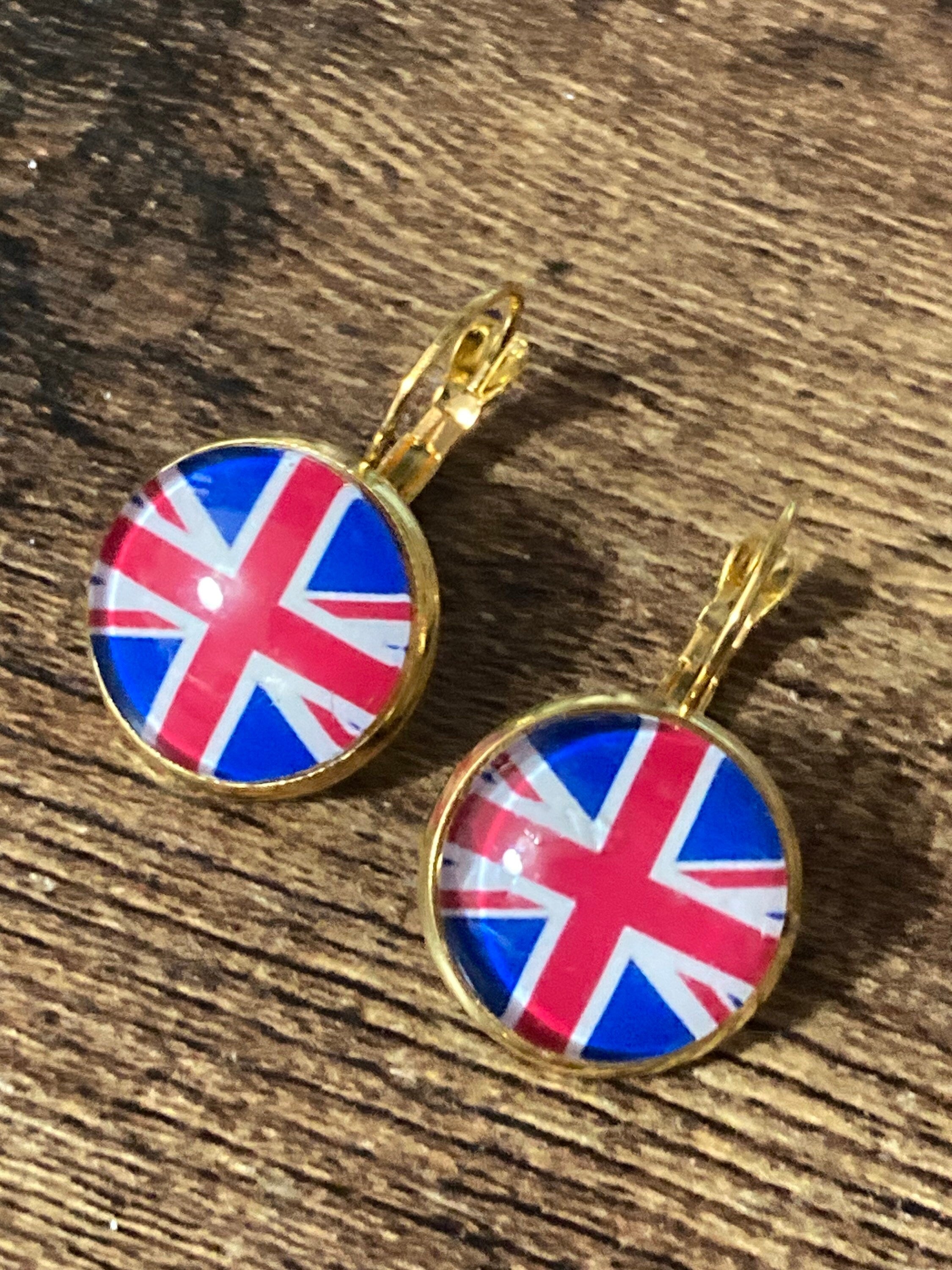 Union Jack earrings UK British flag round gold tone