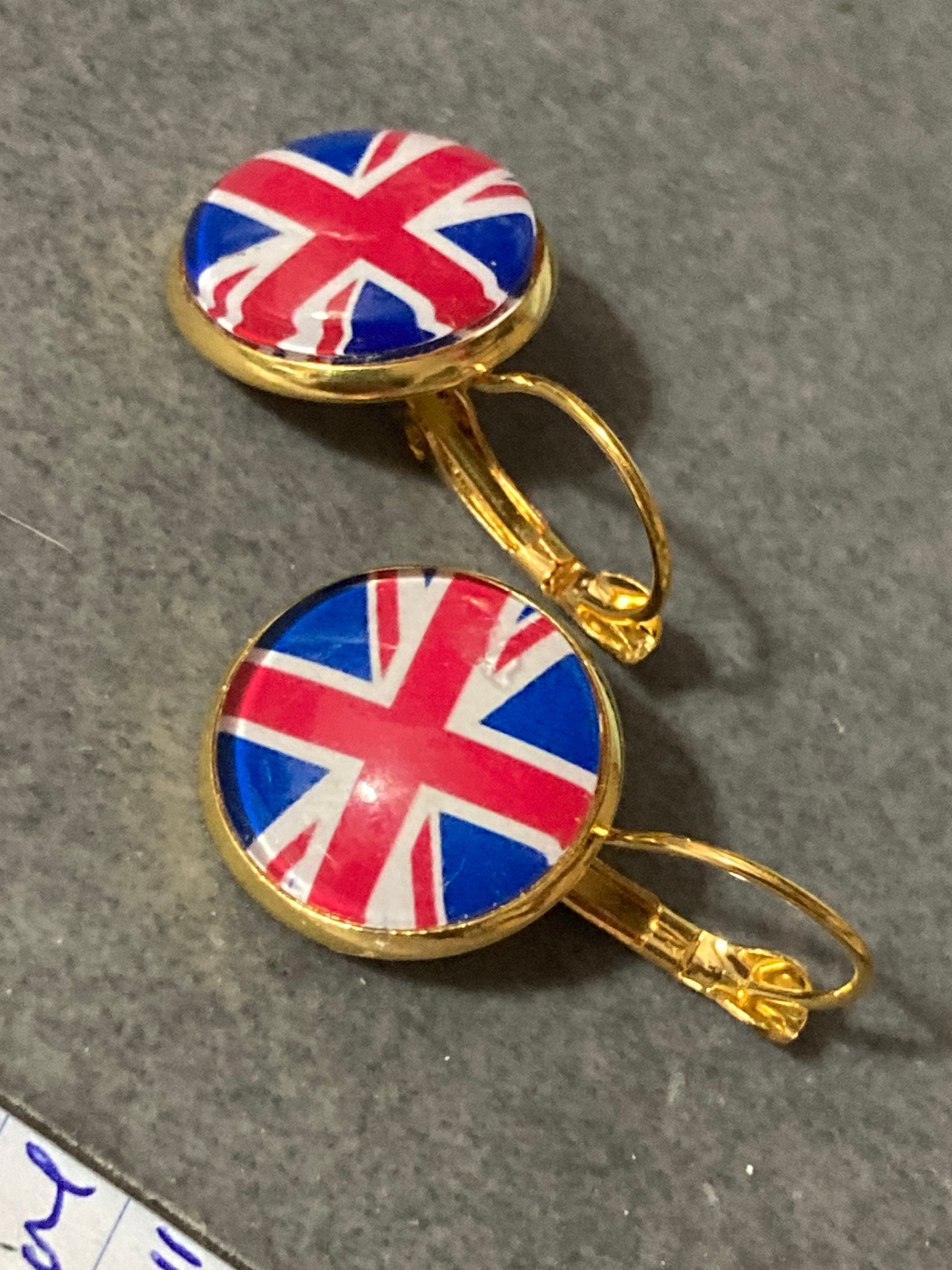 Union Jack earrings UK British flag round gold tone