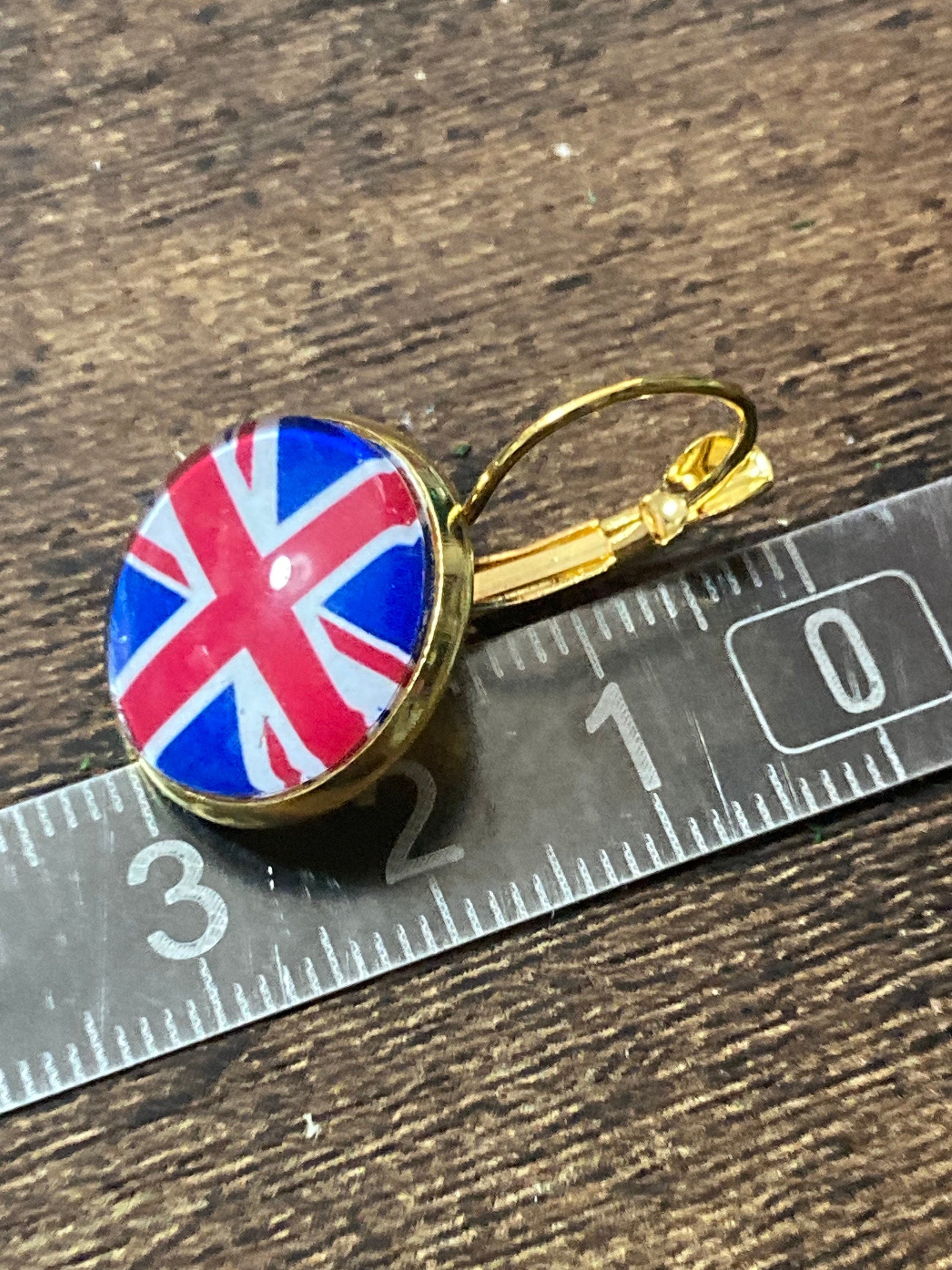 Union Jack earrings UK British flag round gold tone