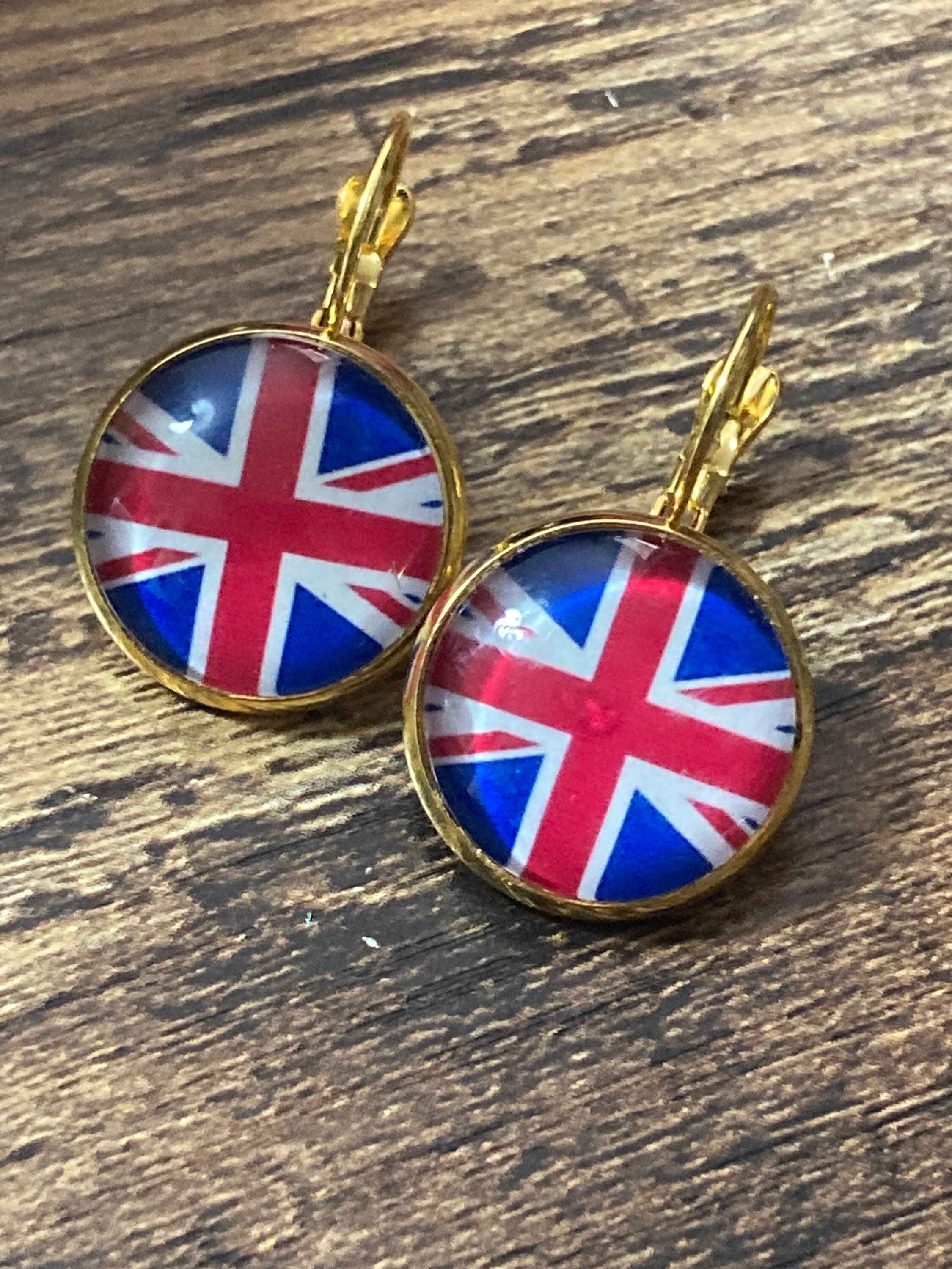 Union Jack earrings UK British flag round gold tone