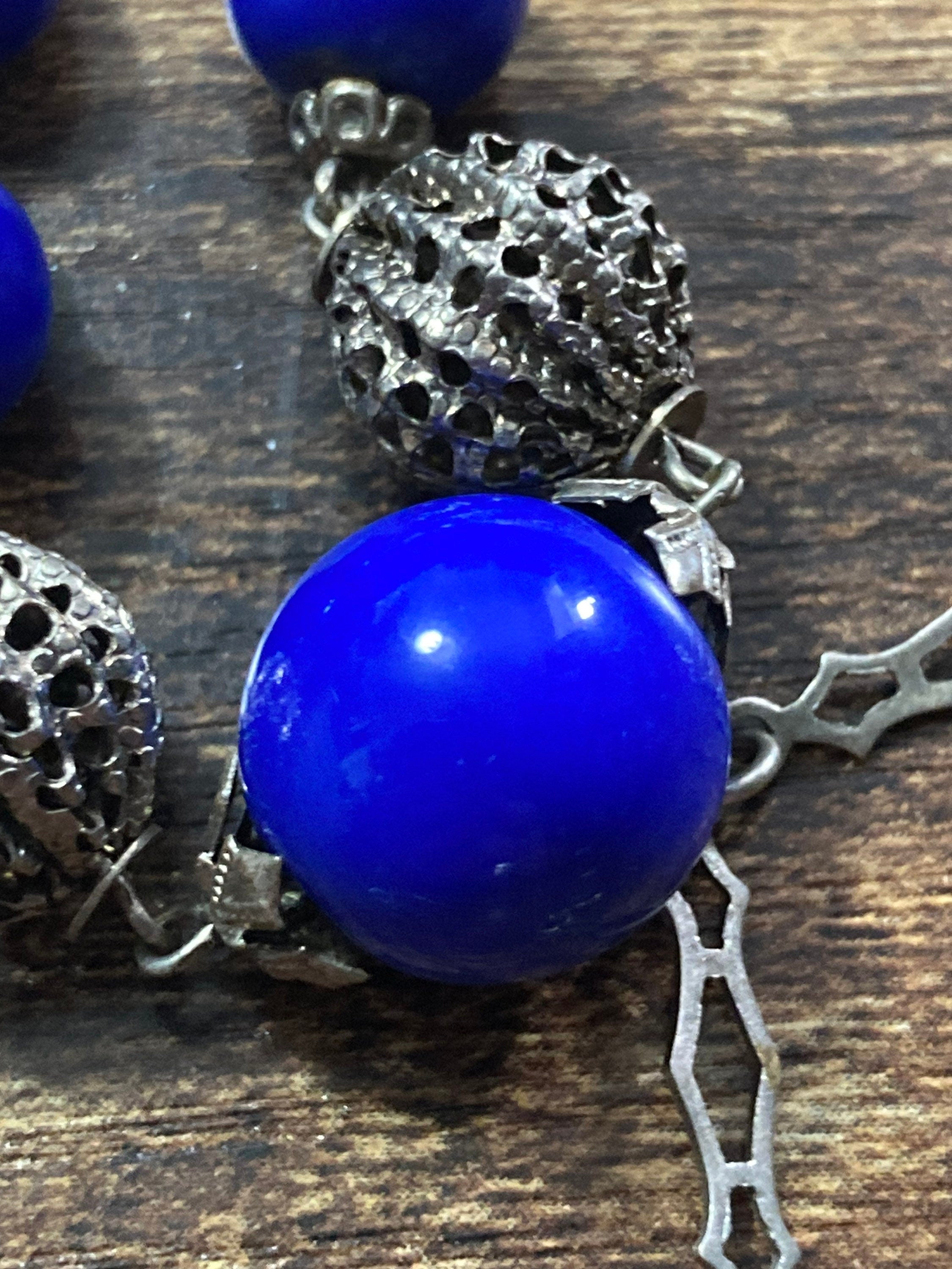 Art Deco czech chrome silver necklace with cobalt blue glass beaded stones