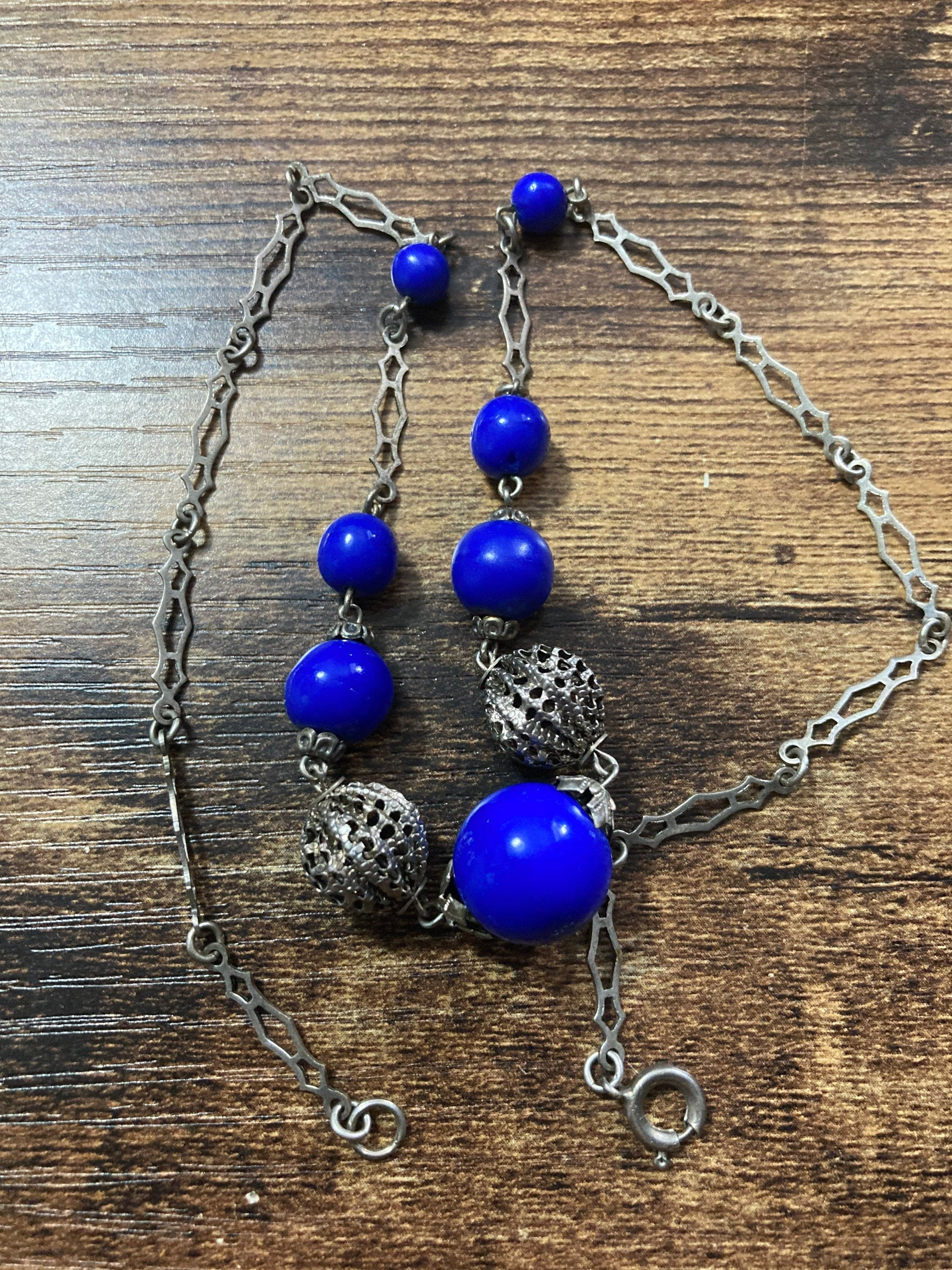 Art Deco czech chrome silver necklace with cobalt blue glass beaded stones