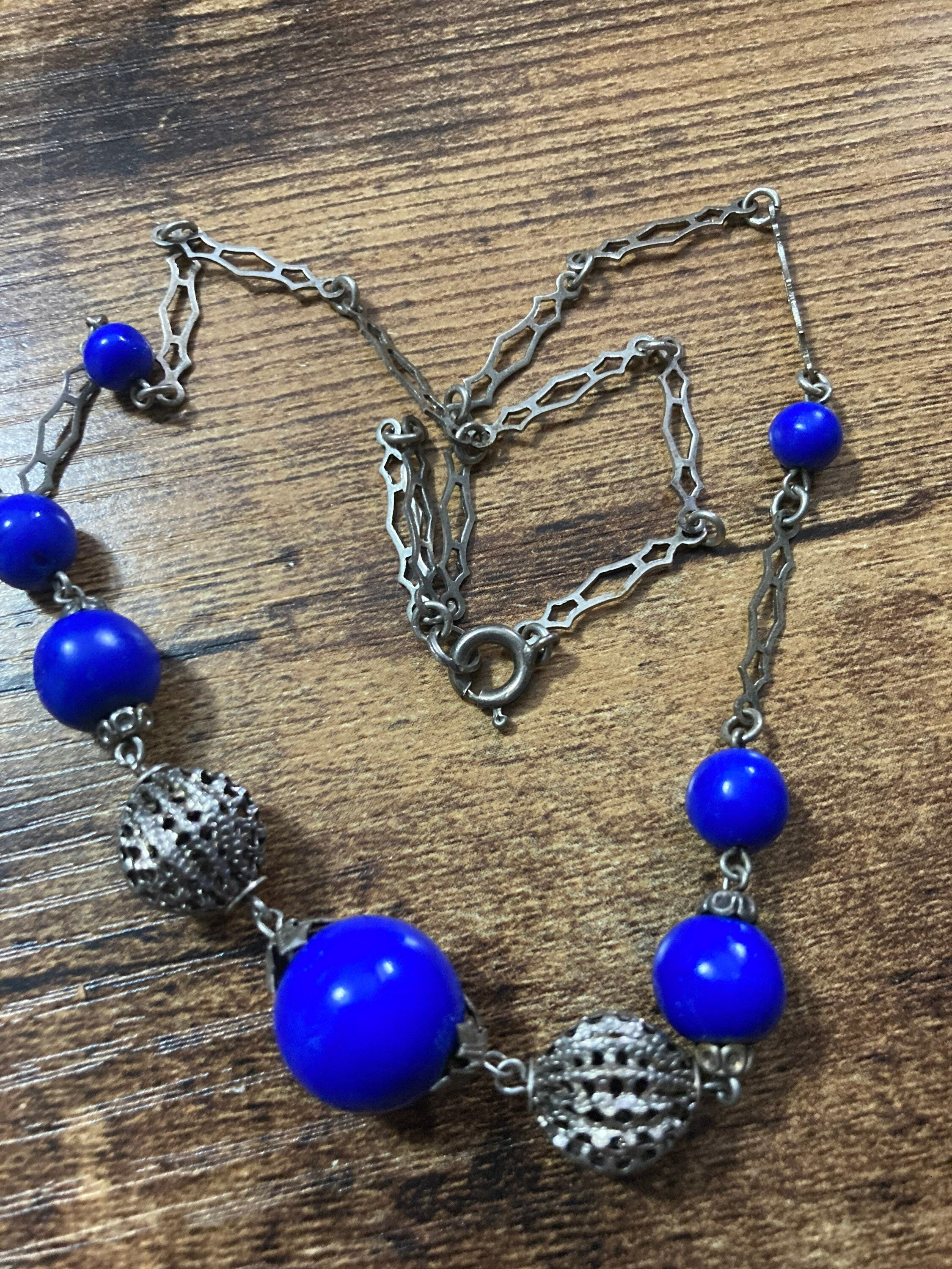 Art Deco czech chrome silver necklace with cobalt blue glass beaded stones