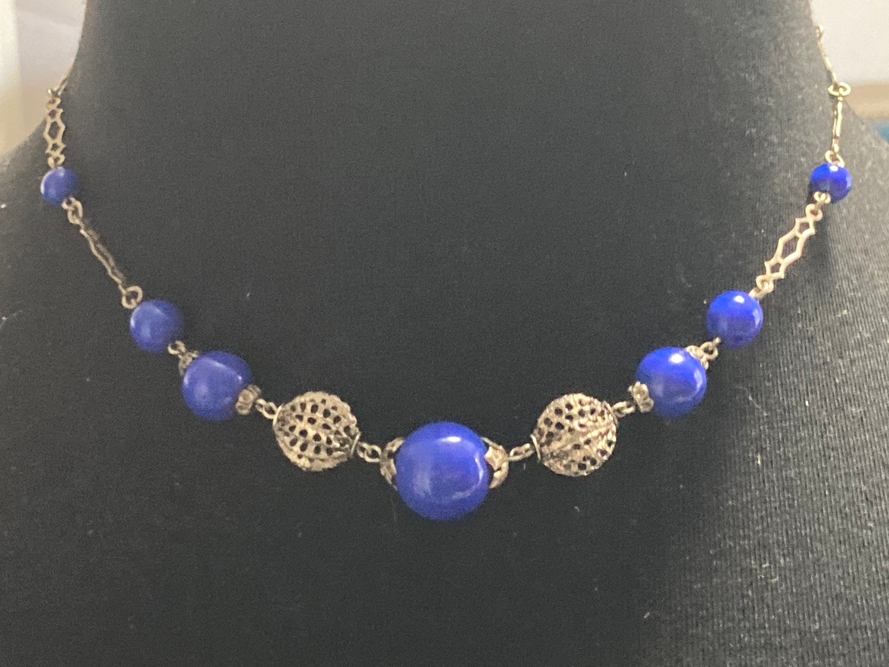Art Deco czech chrome silver necklace with cobalt blue glass beaded stones