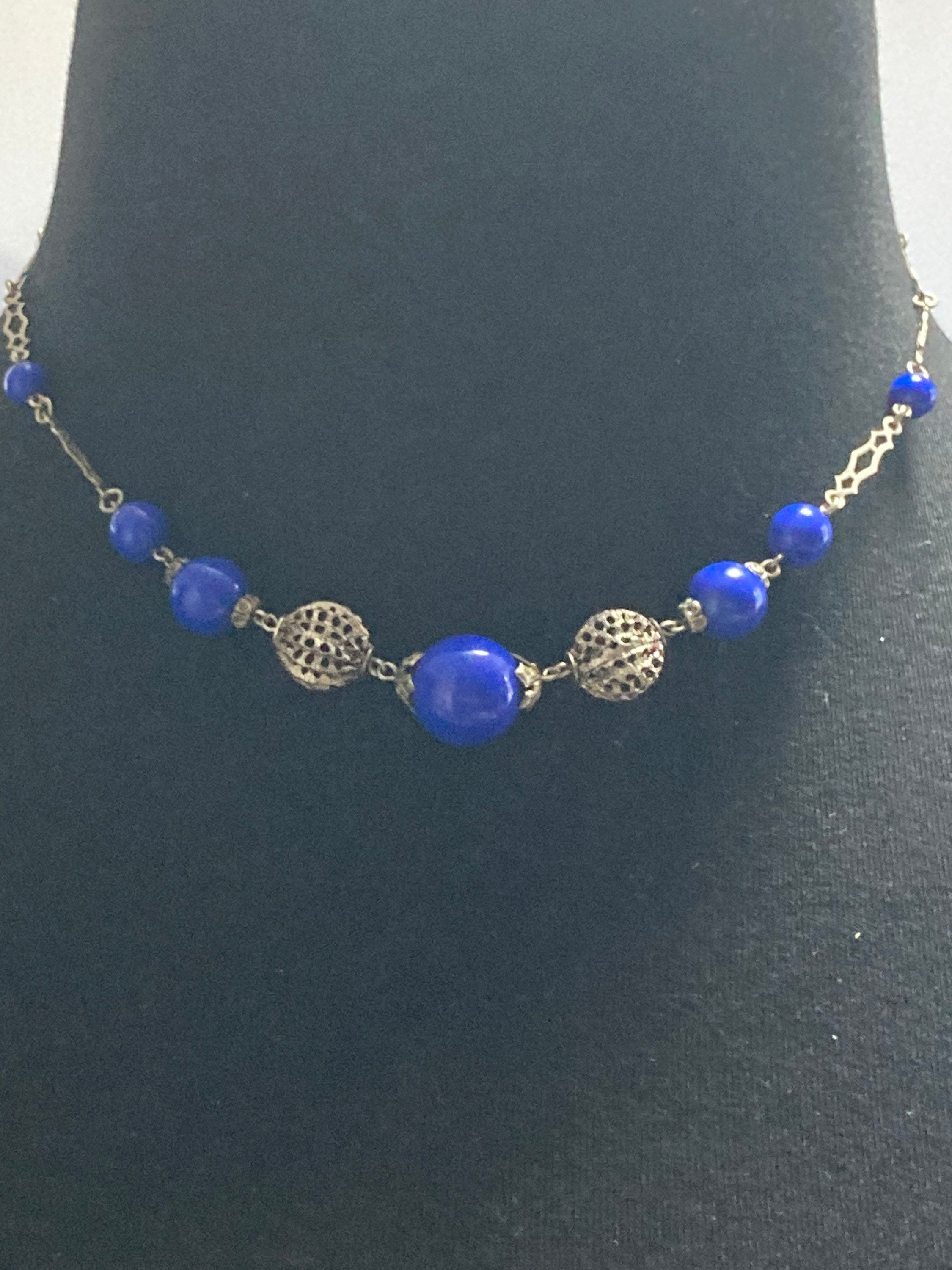 Art Deco czech chrome silver necklace with cobalt blue glass beaded stones