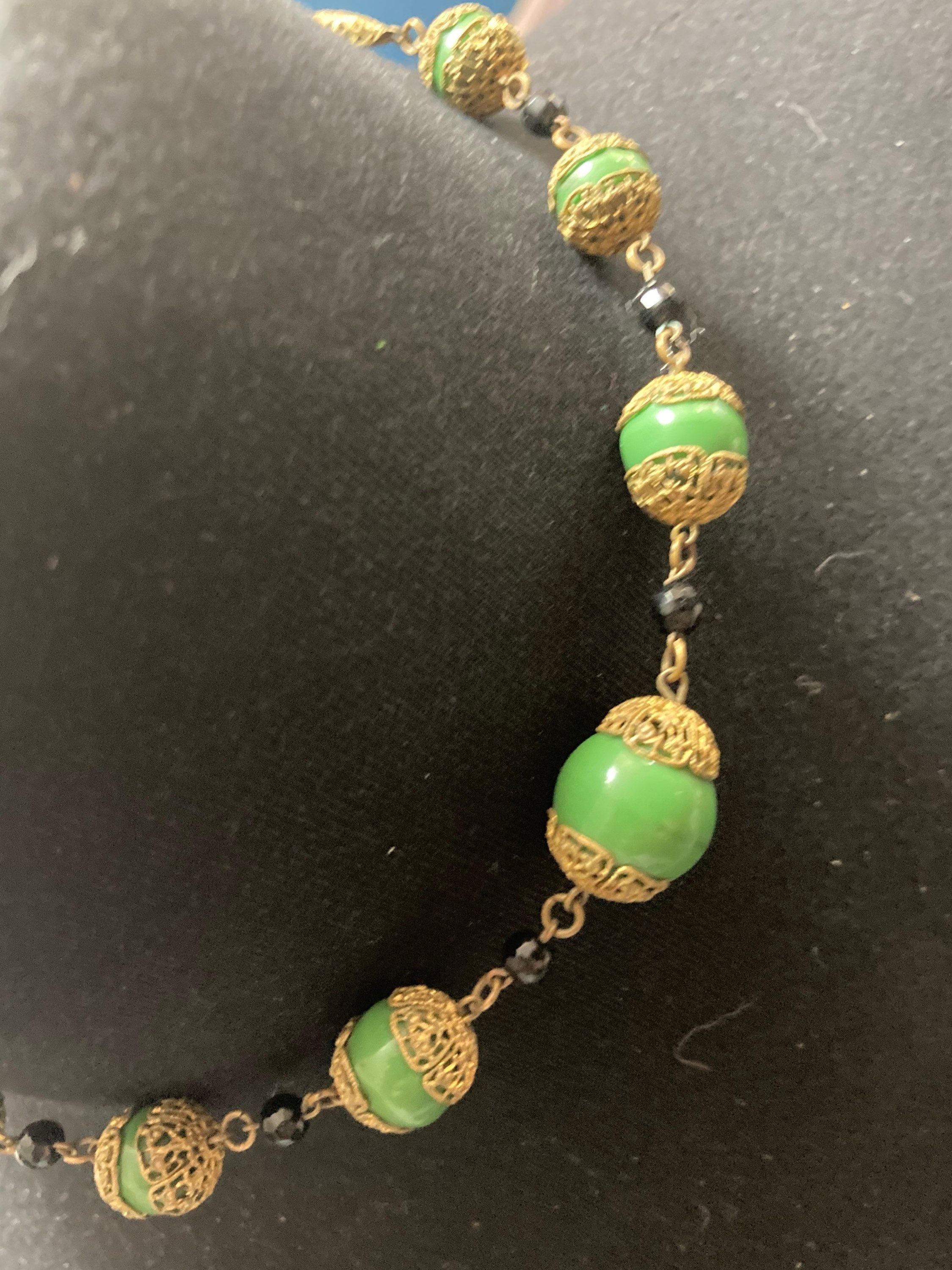 Art Deco czech gold tone brass filigree green ceramic beaded necklace 41cm