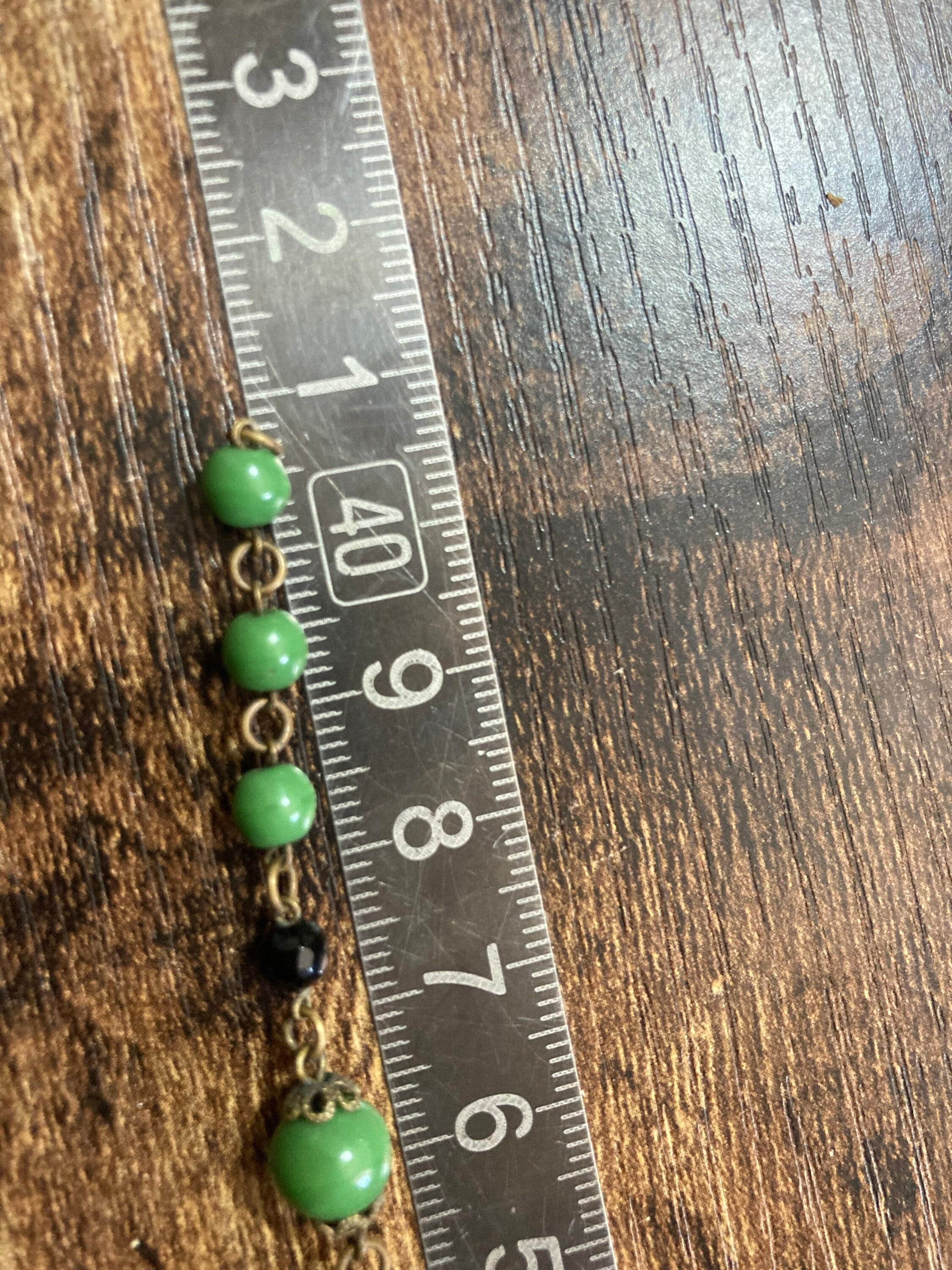 Art Deco czech gold tone brass filigree green ceramic beaded necklace 41cm