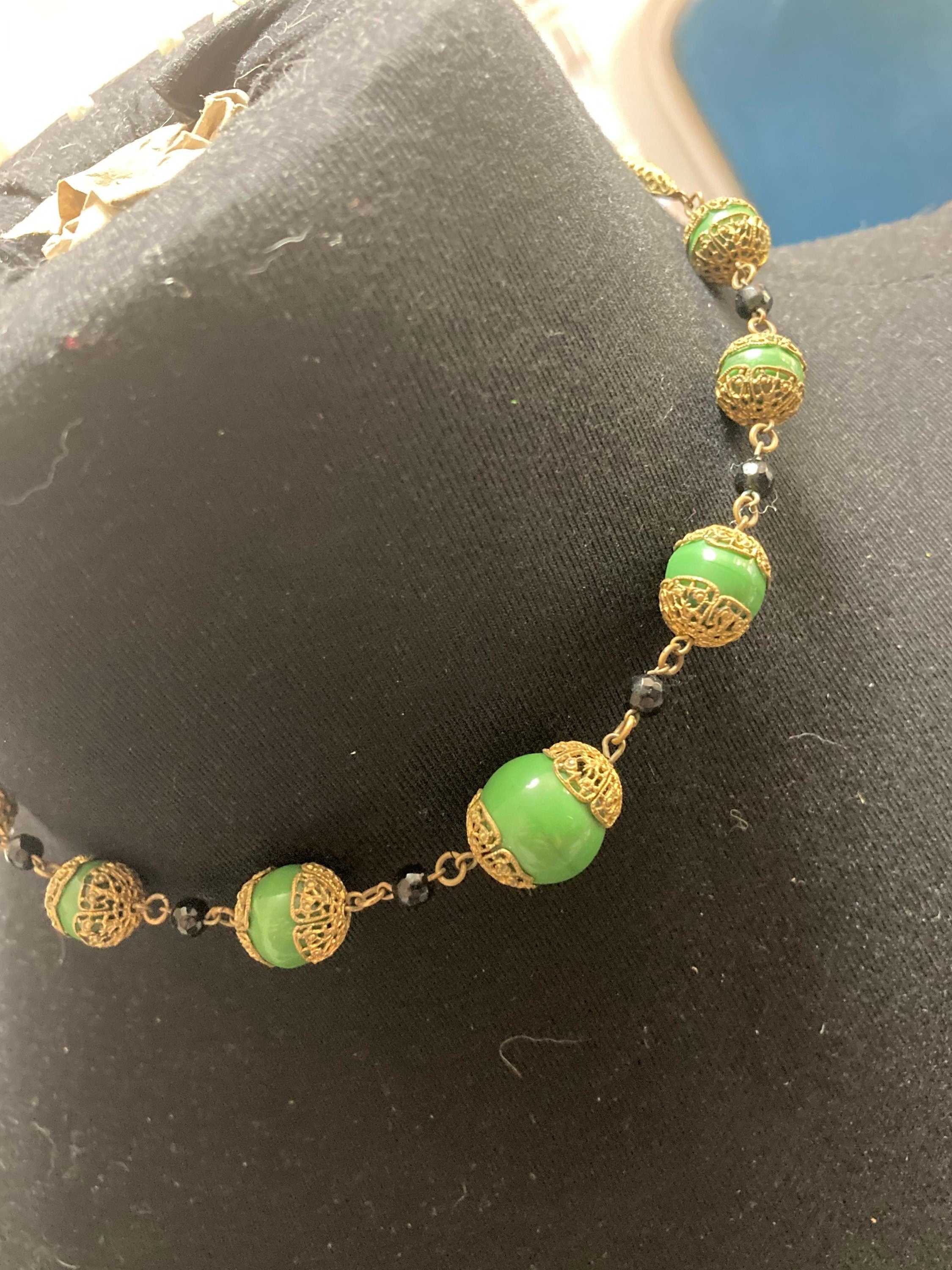 Art Deco czech gold tone brass filigree green ceramic beaded necklace 41cm