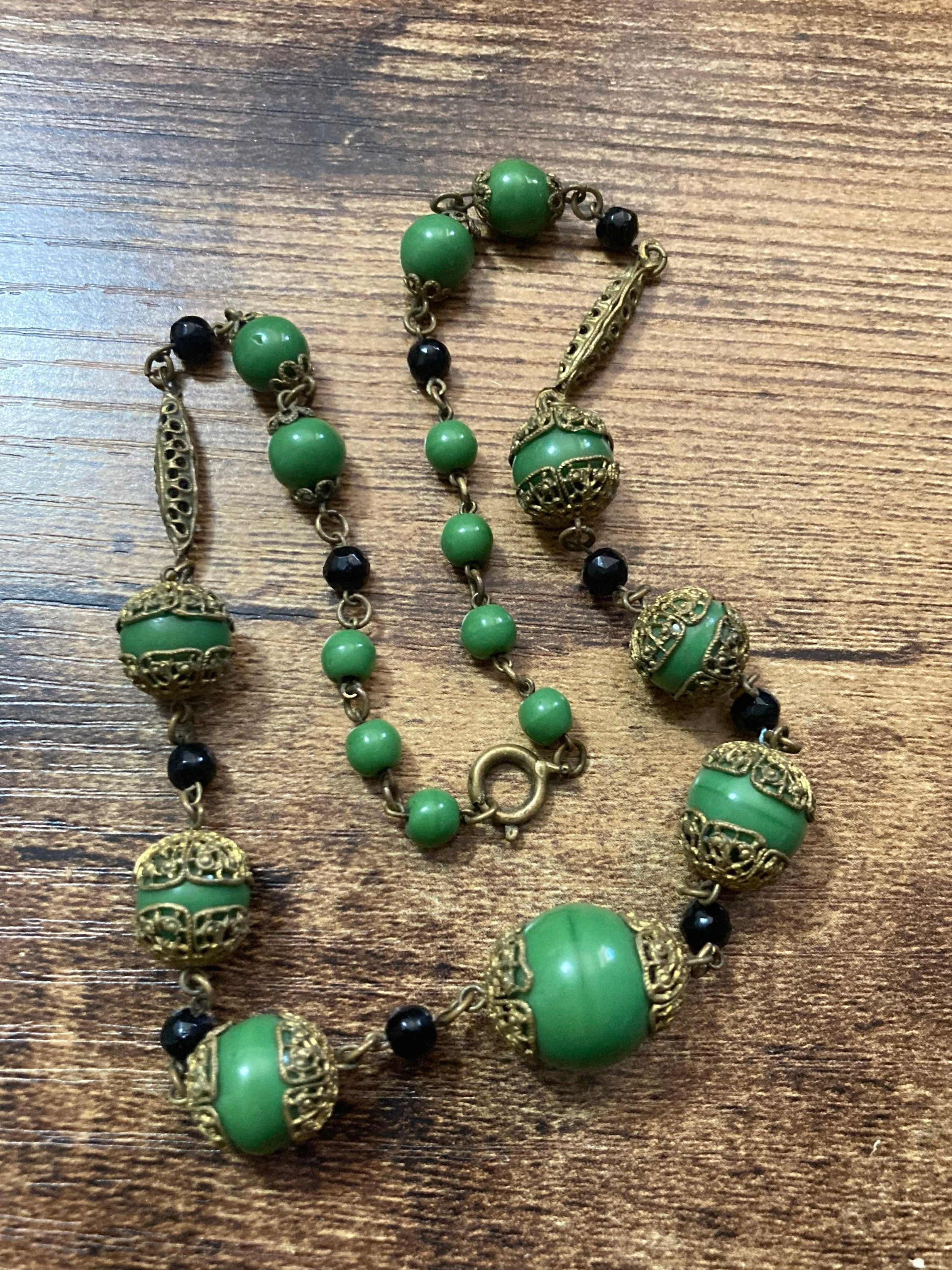 Art Deco czech gold tone brass filigree green ceramic beaded necklace 41cm